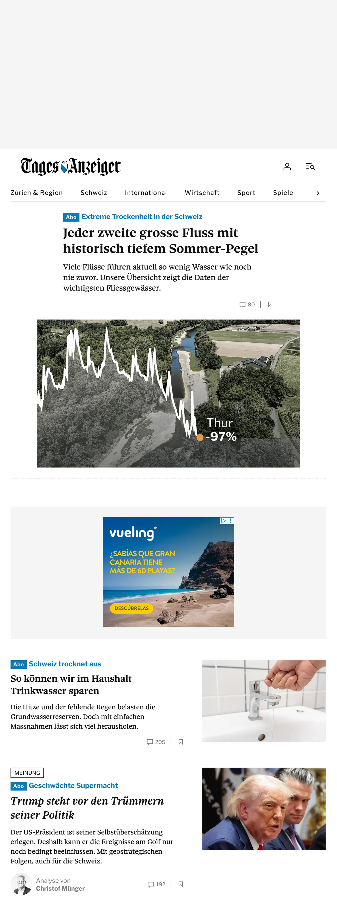Screenshot of the Tages-Anzeiger front page