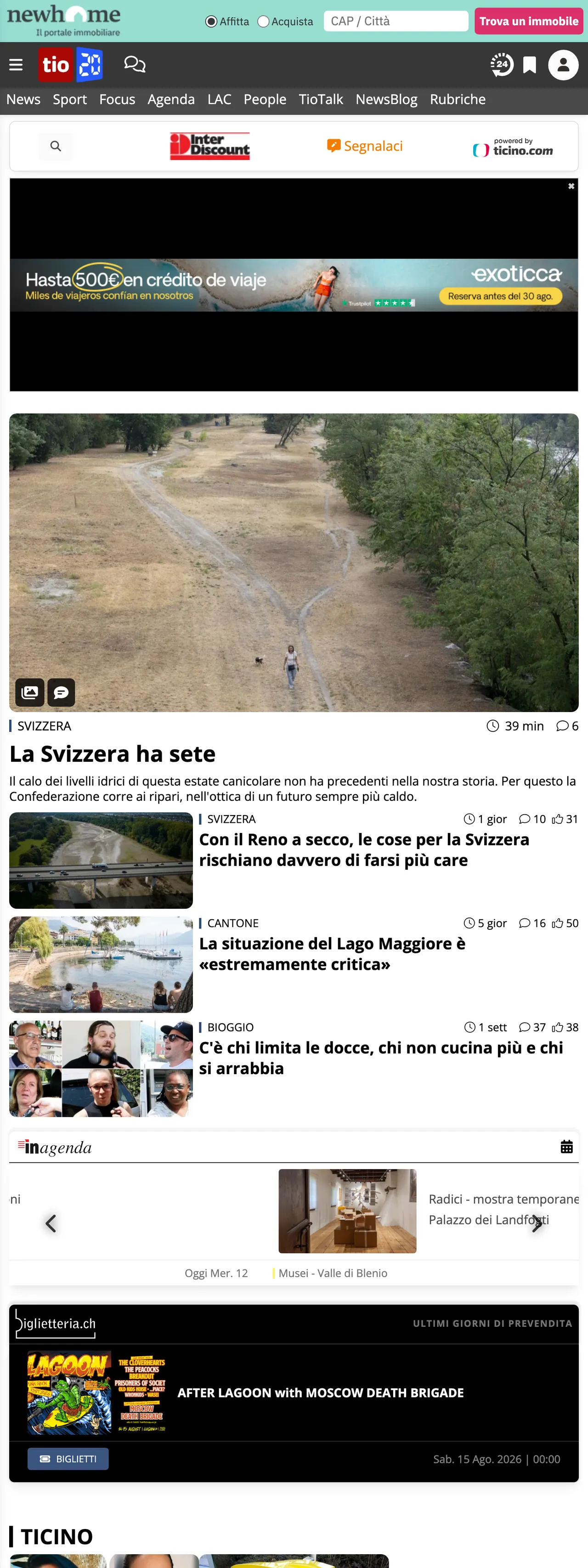 Screenshot of the Ticinonline front page
