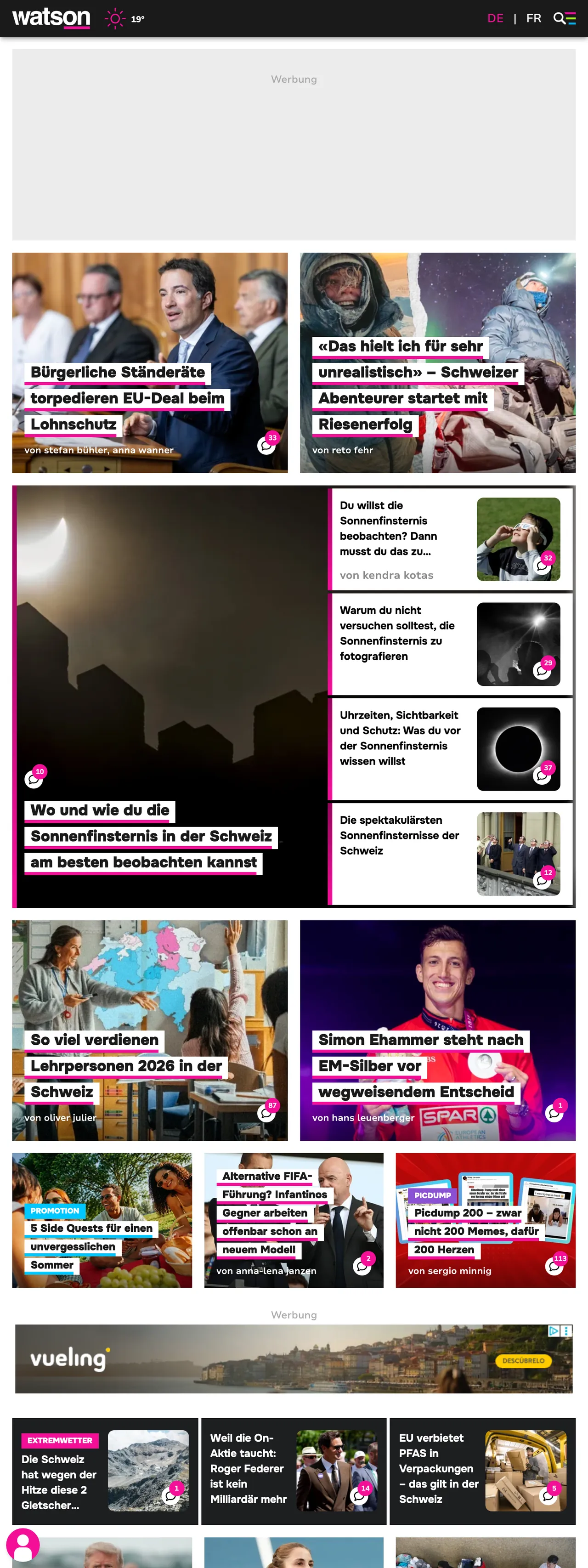 Screenshot of the watson front page