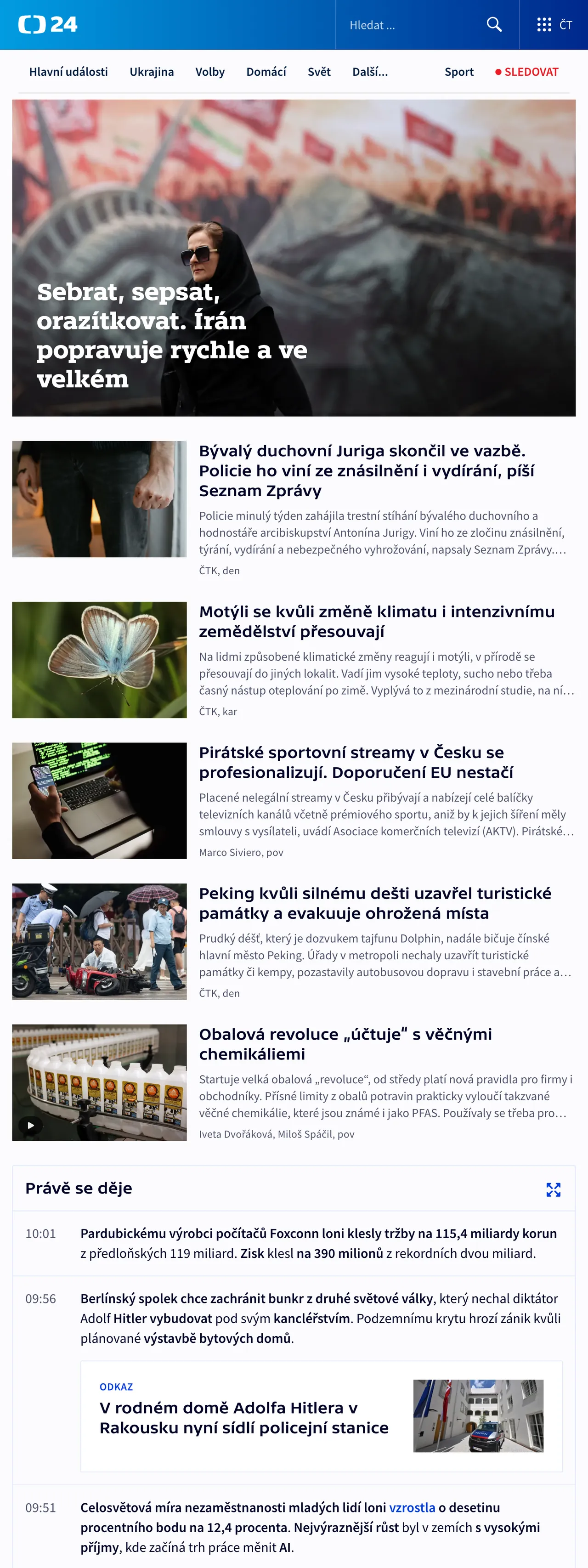 Screenshot of the ČT24 front page