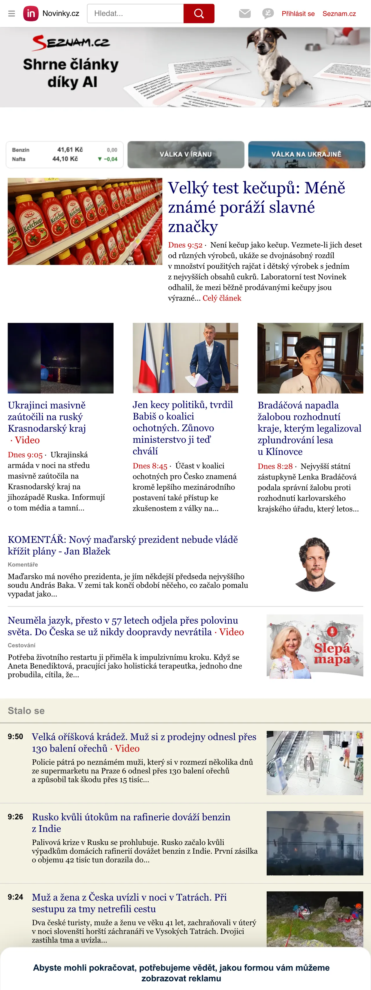 Screenshot of the Novinky.cz front page