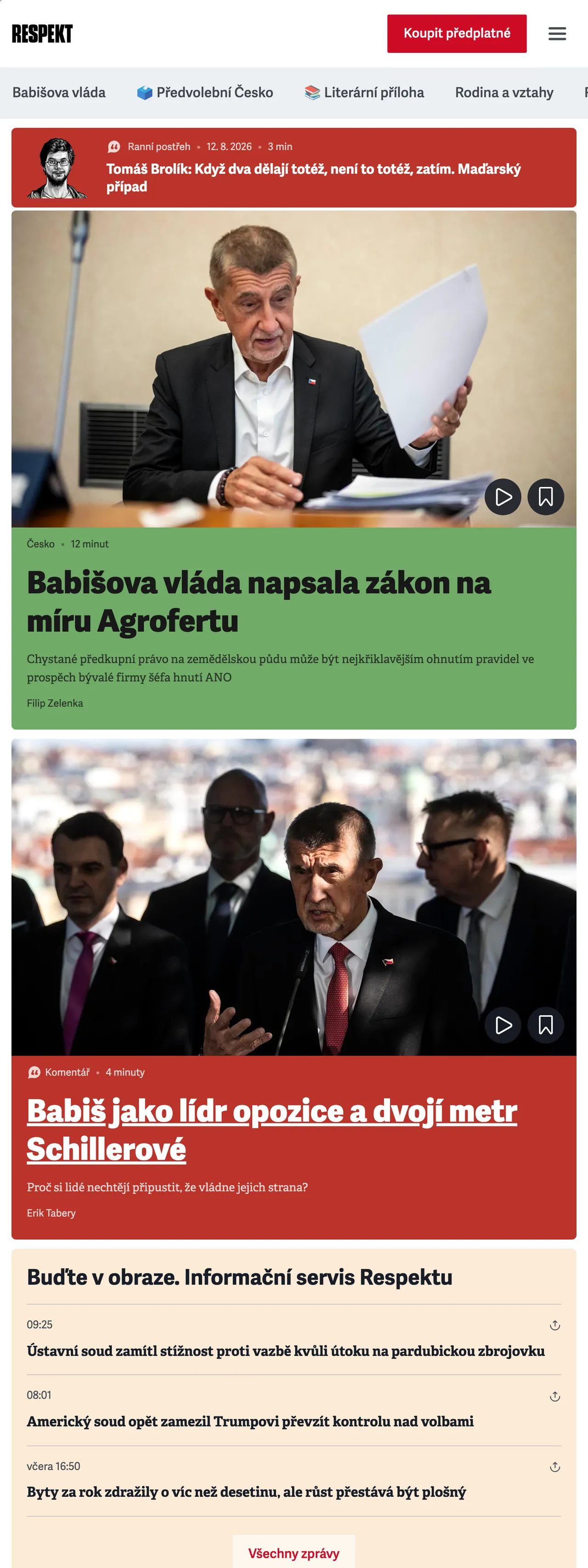 Screenshot of the Respekt front page