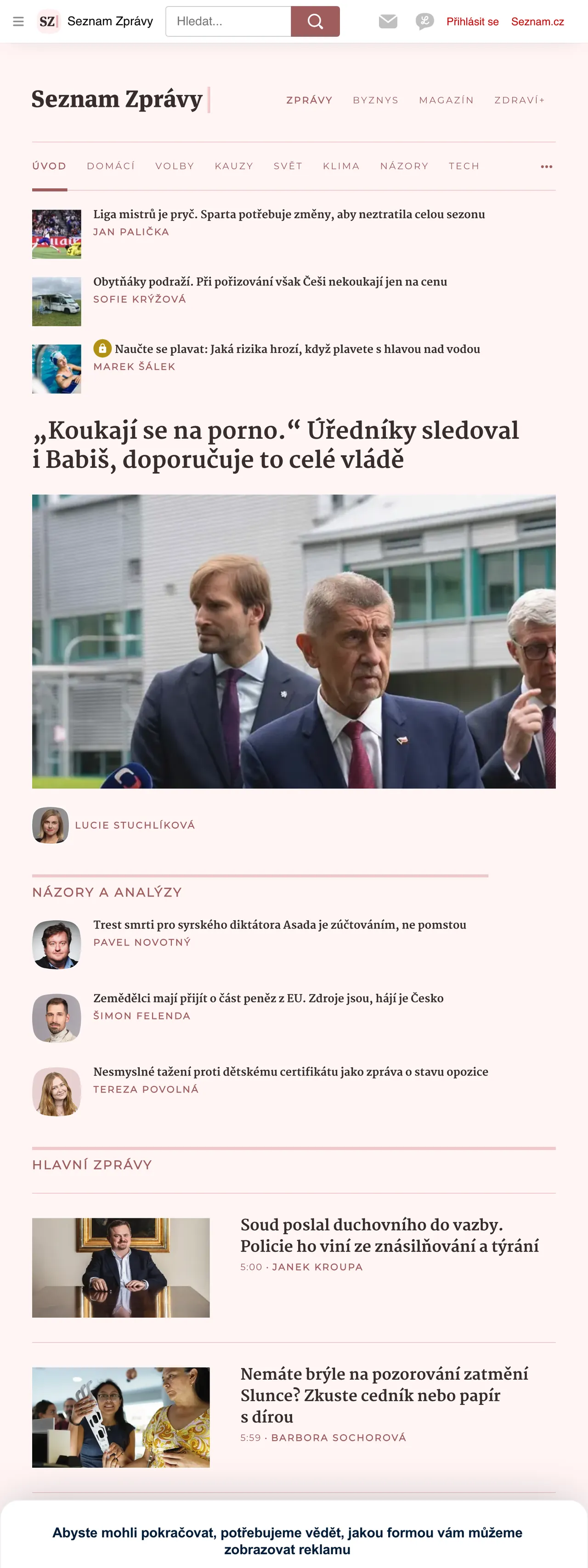 Screenshot of the Seznam Zprávy front page