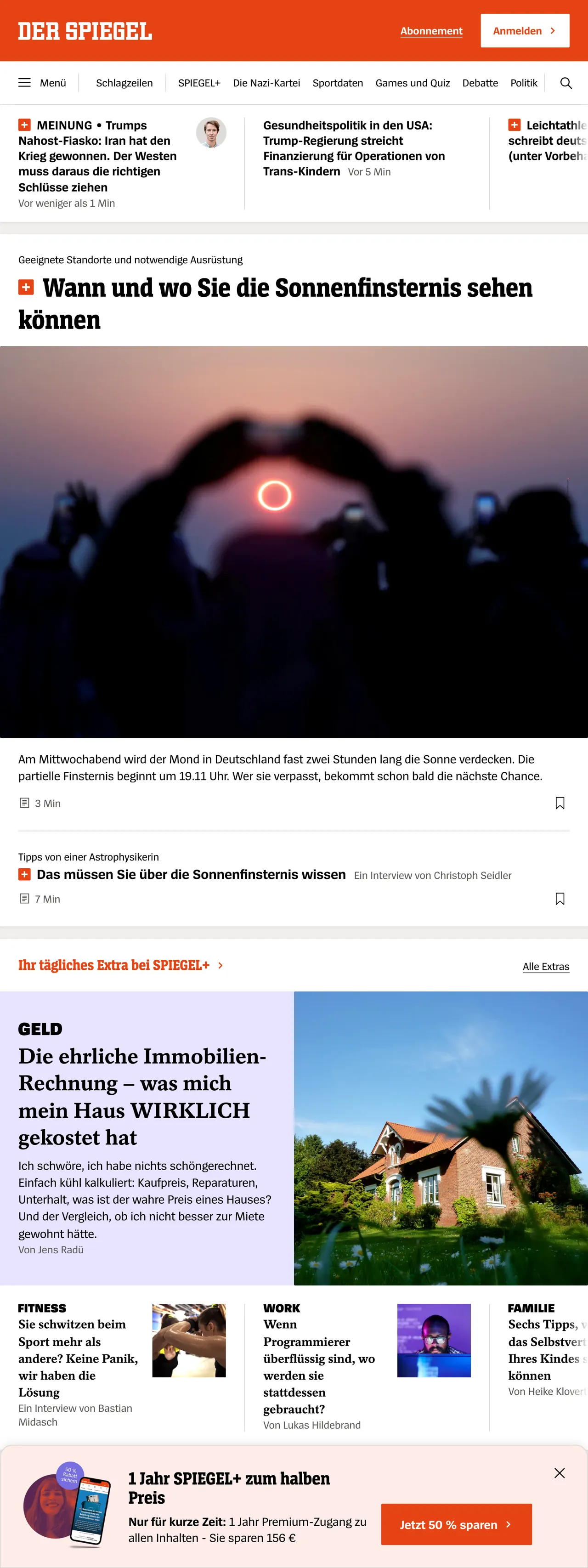 Screenshot of the DER SPIEGEL front page