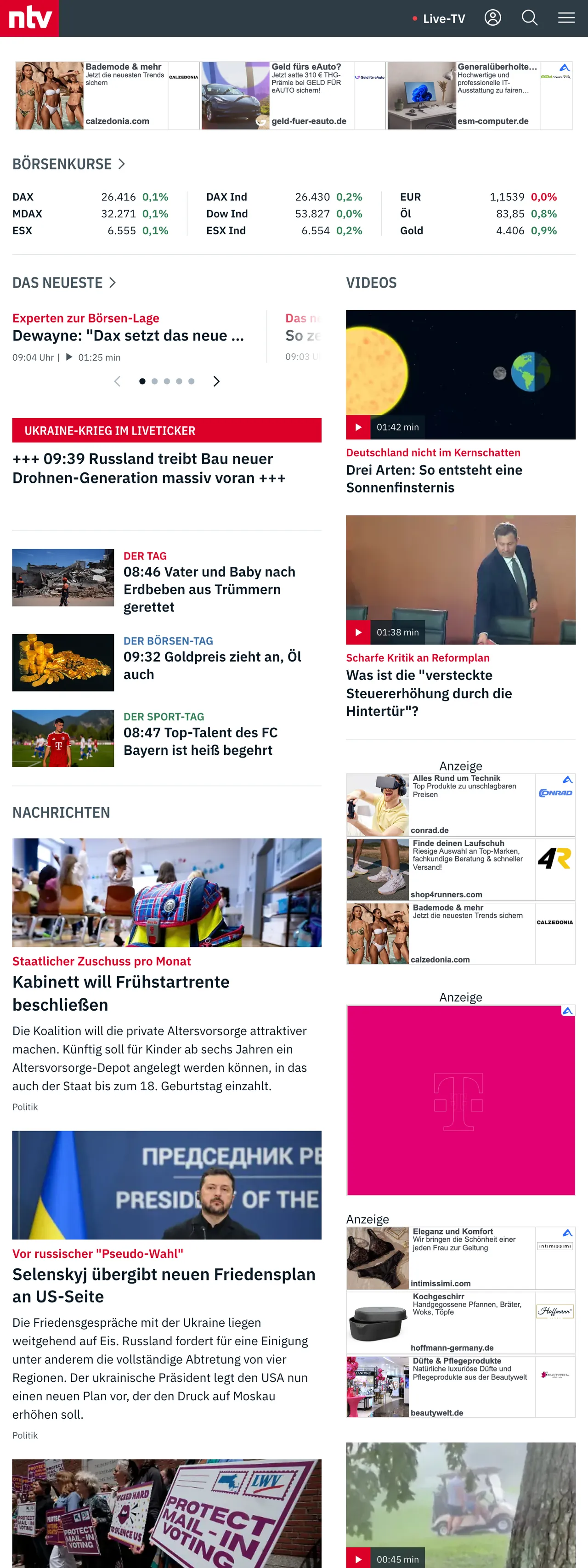 Screenshot of the n-tv front page