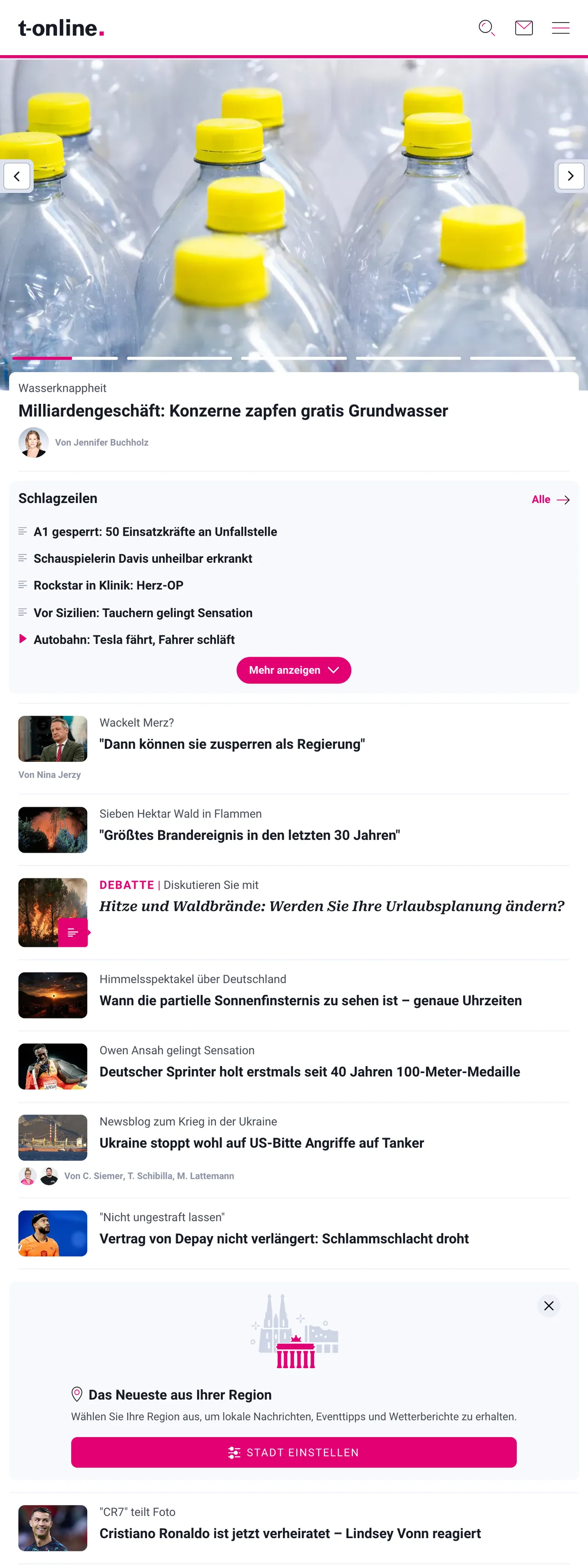 Screenshot of the t-online front page