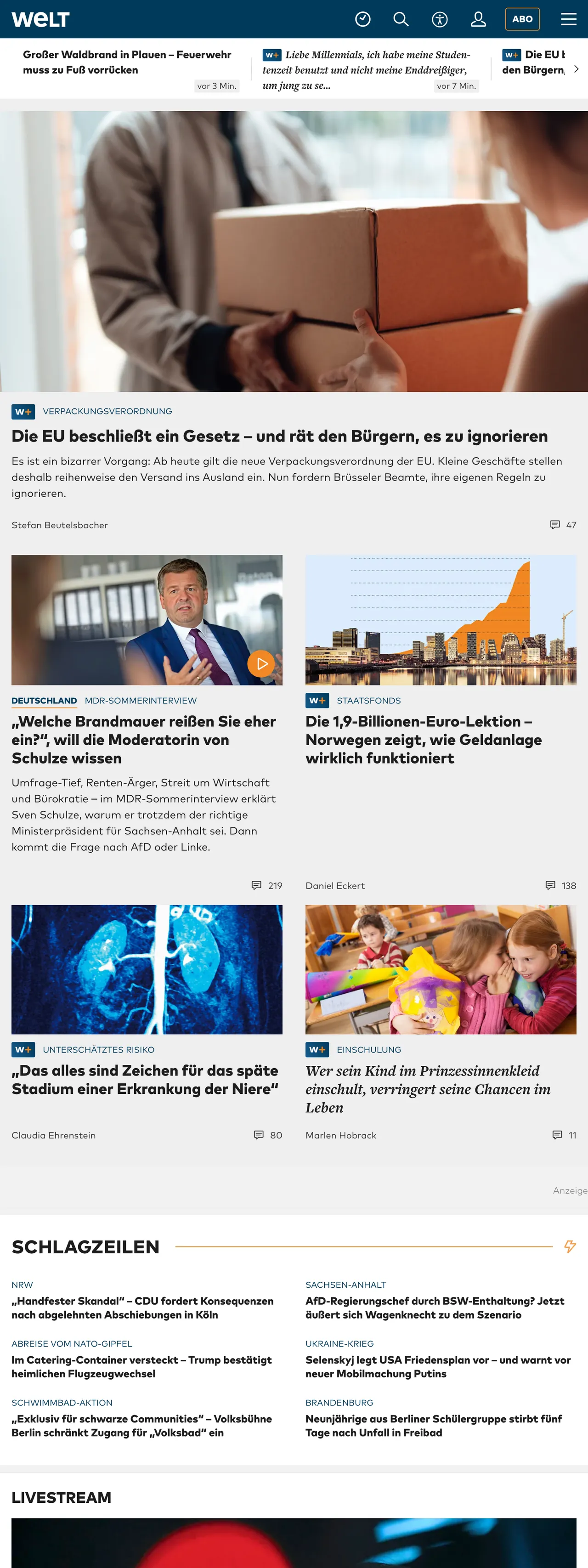 Screenshot of the WELT front page