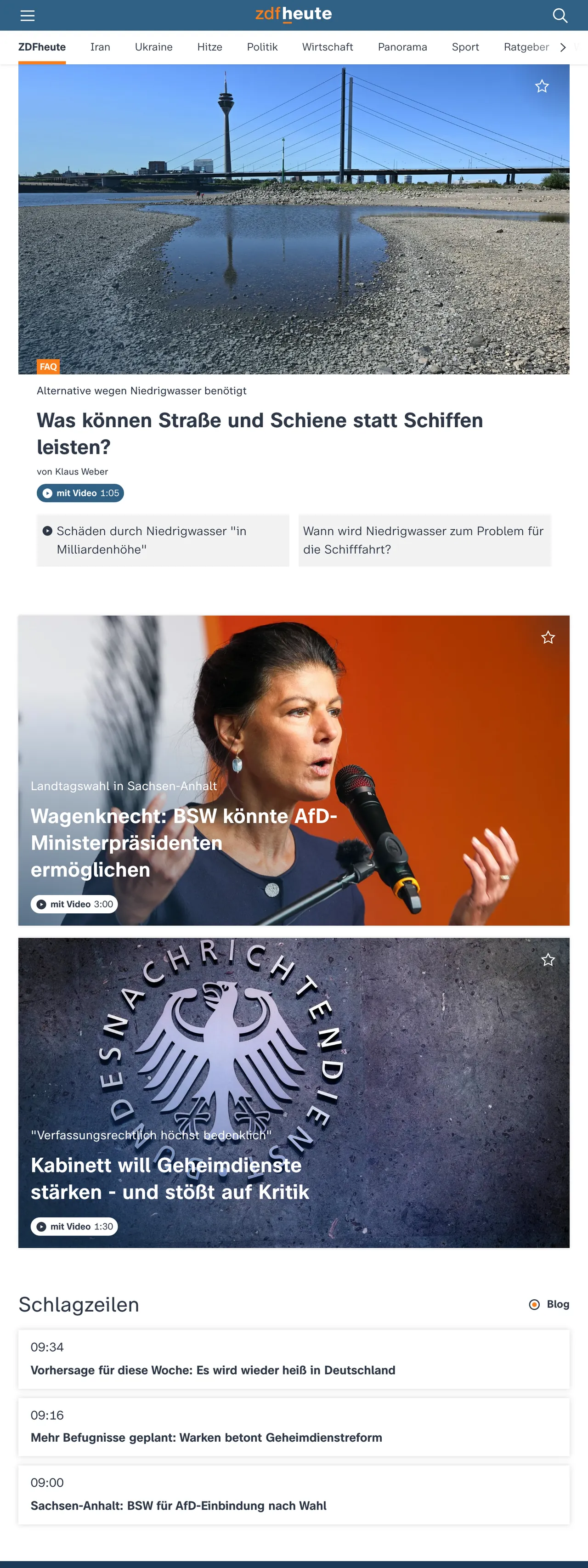 Screenshot of the ZDFheute front page