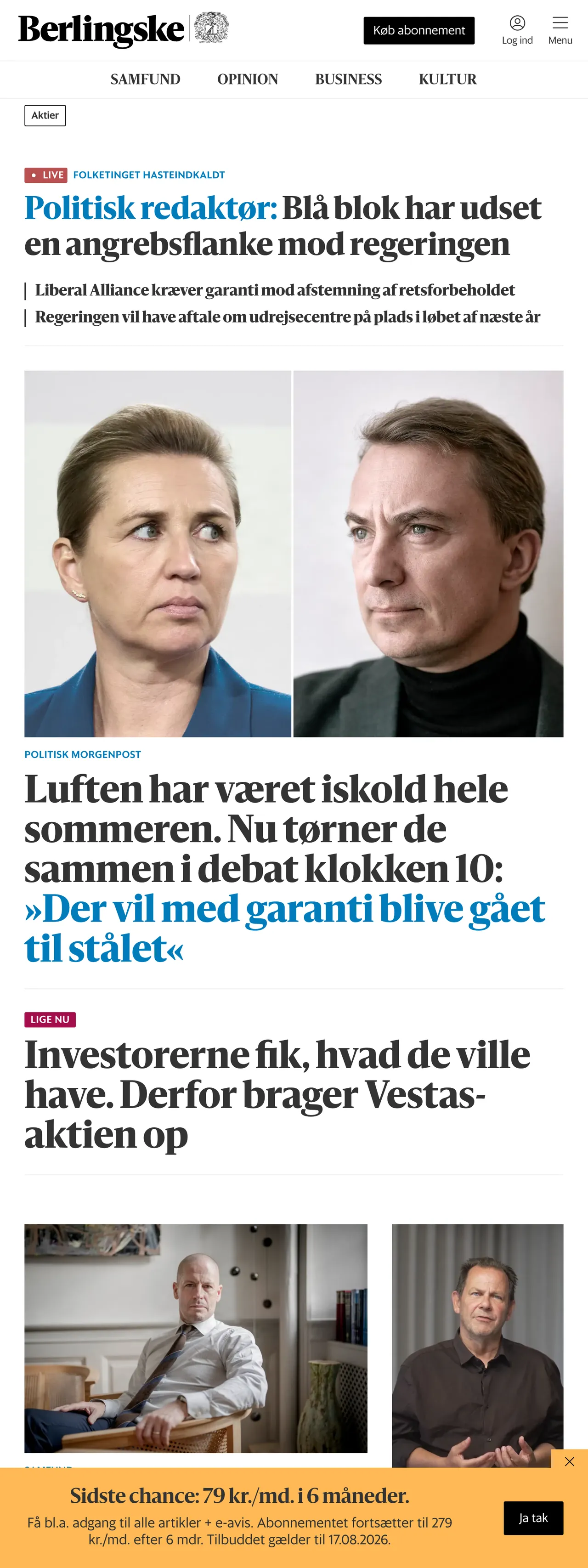Screenshot of the Berlingske front page