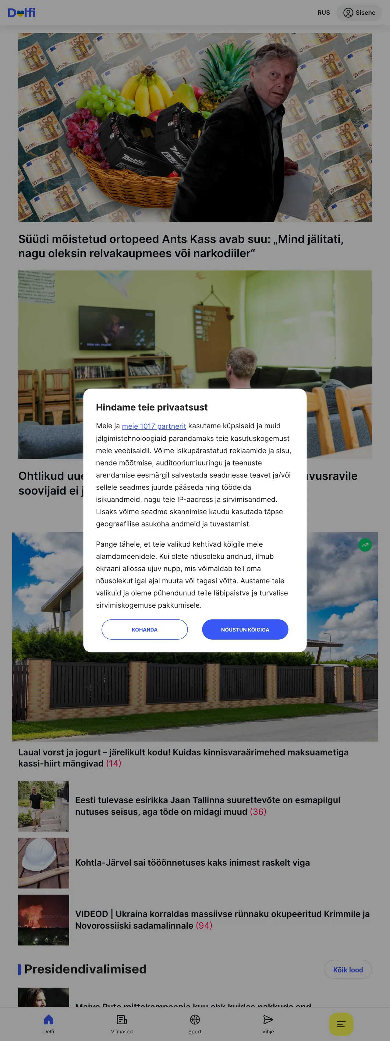 Screenshot of the Delfi front page