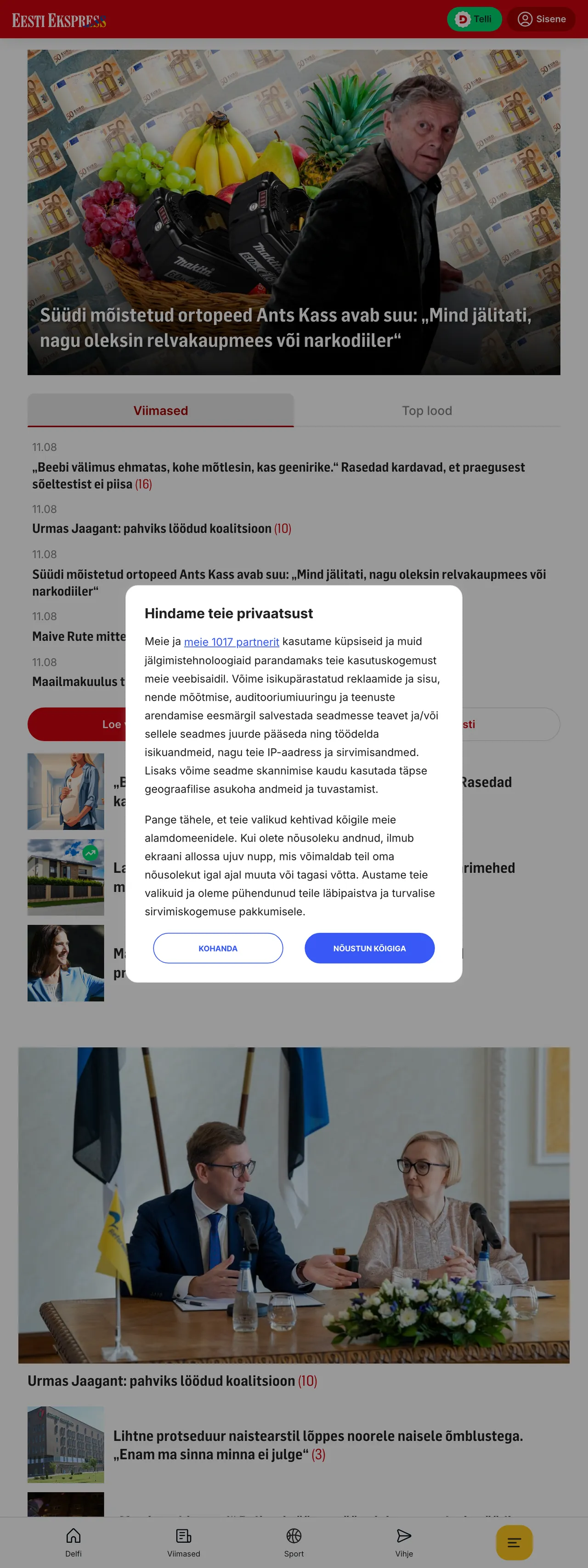 Screenshot of the Eesti Ekspress front page