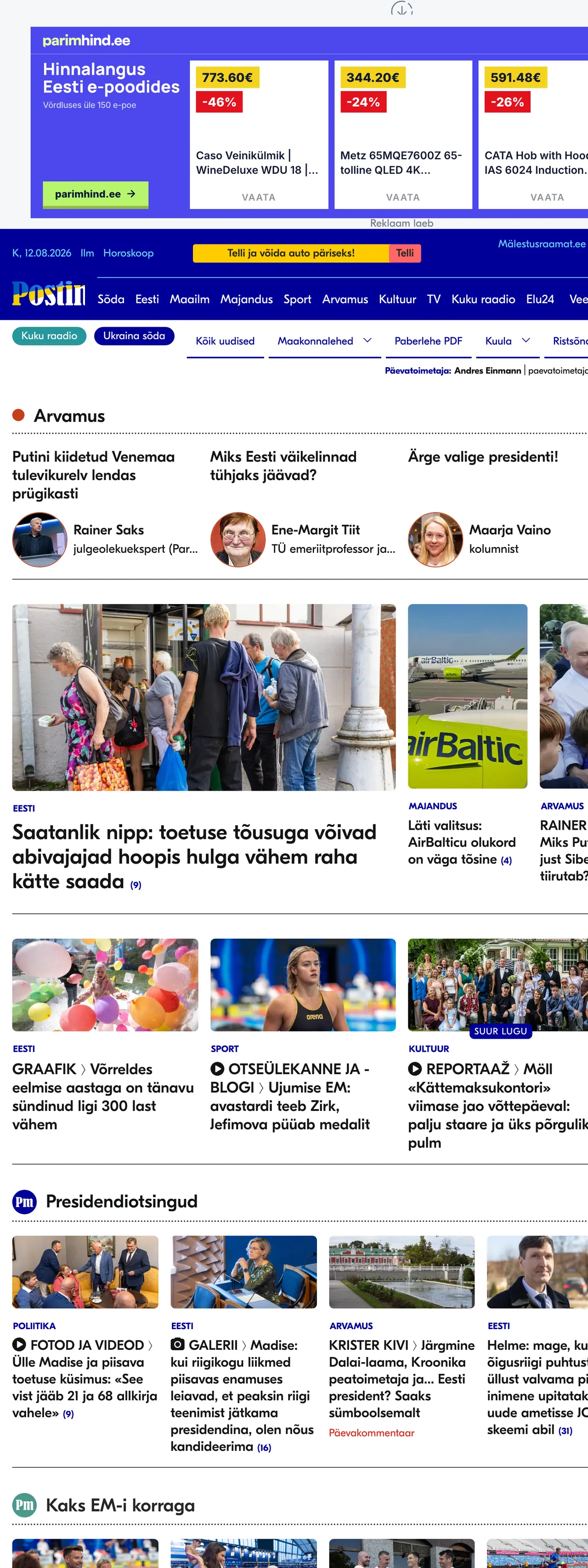 Screenshot of the Postimees front page