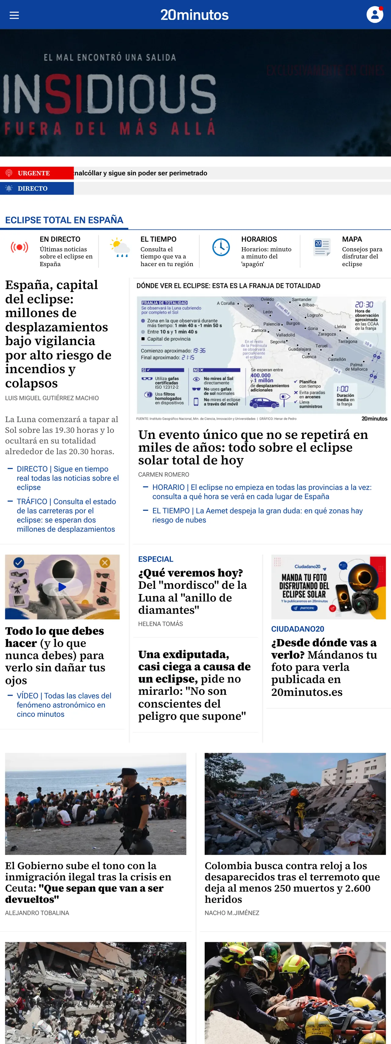 Screenshot of the 20minutos front page