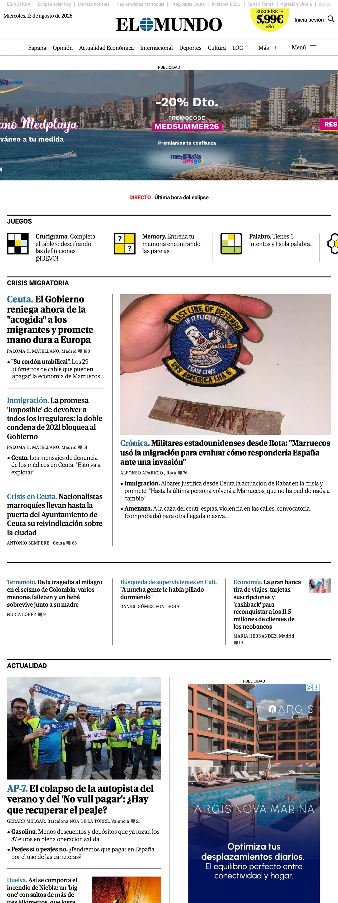 Screenshot of the El Mundo front page