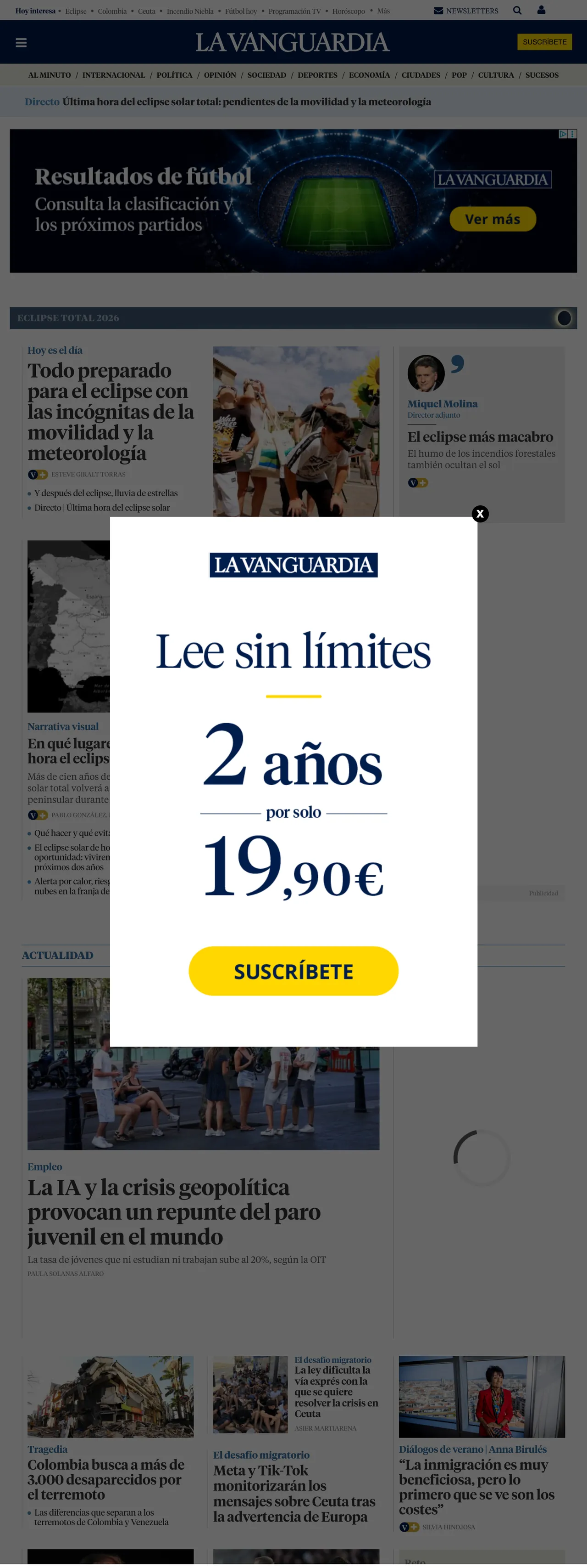 Screenshot of the La Vanguardia front page