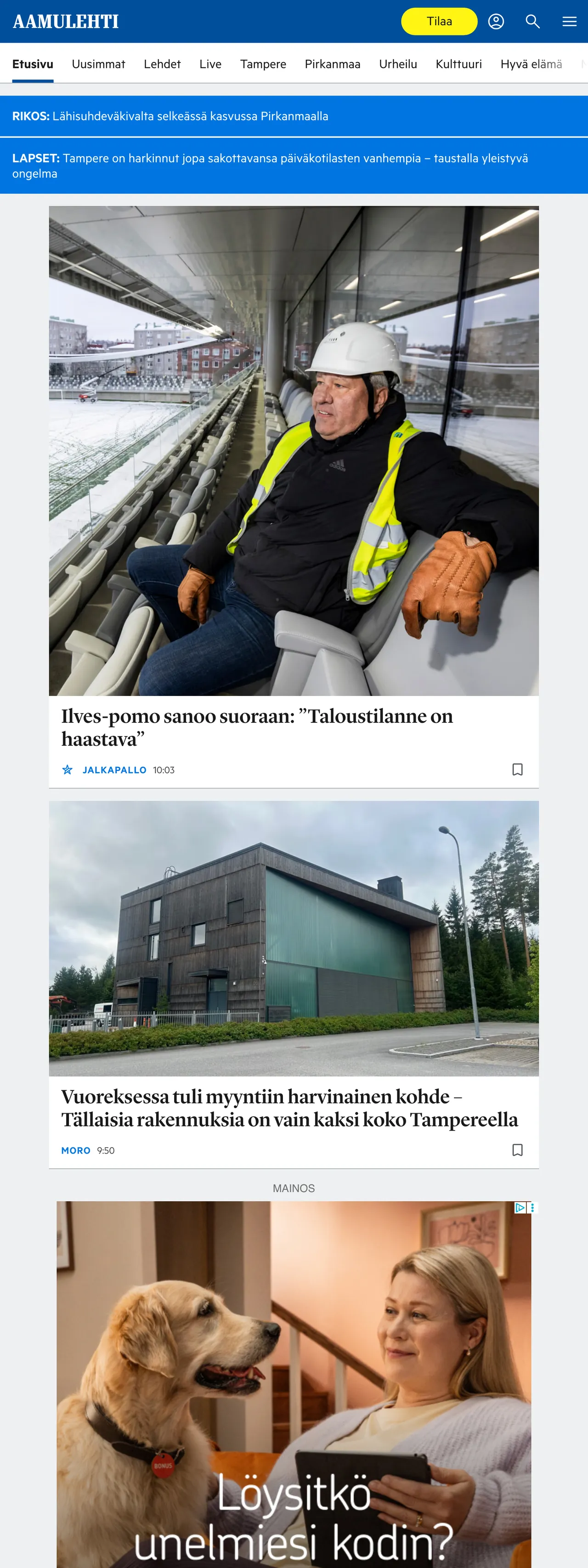 Screenshot of the Aamulehti front page