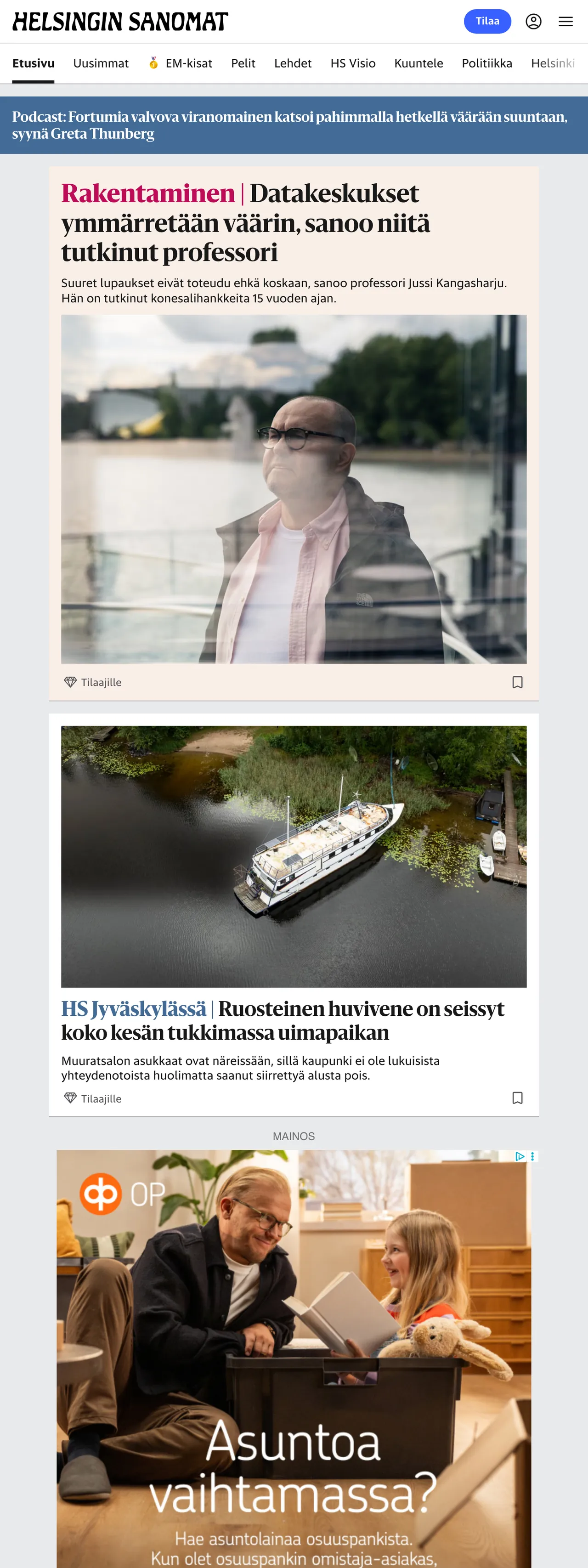 Screenshot of the Helsingin Sanomat front page
