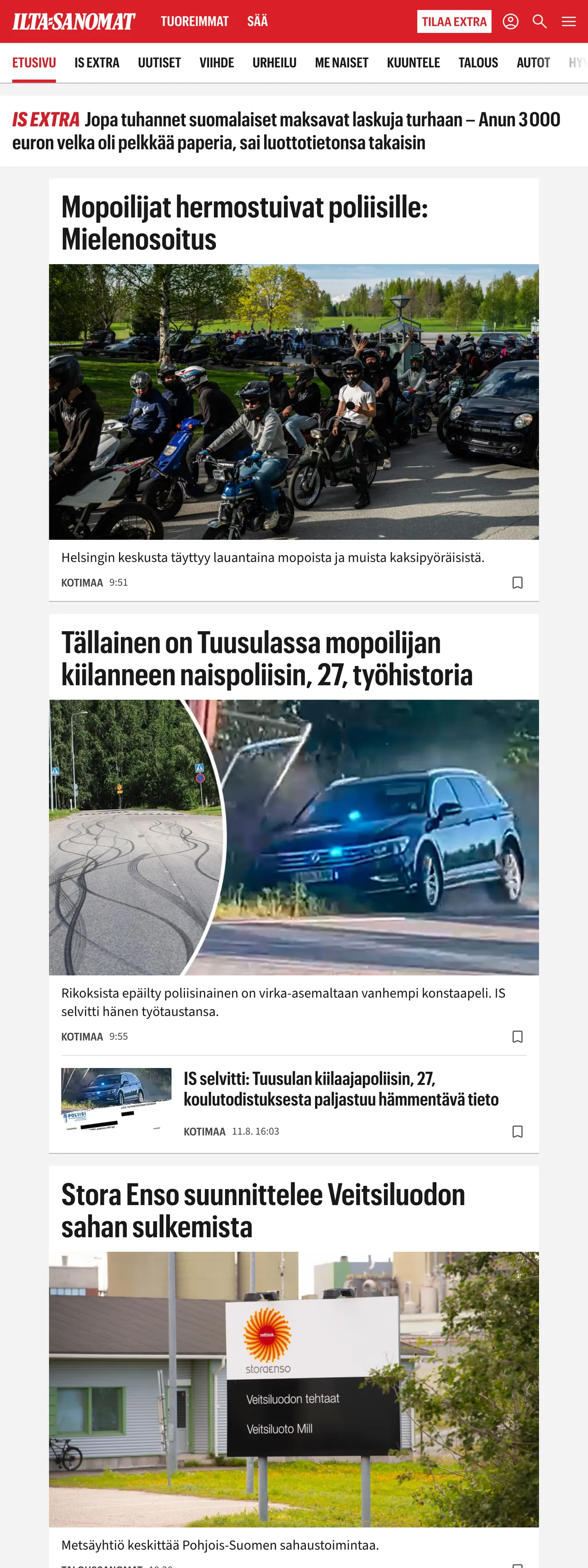 Screenshot of the Ilta-Sanomat front page