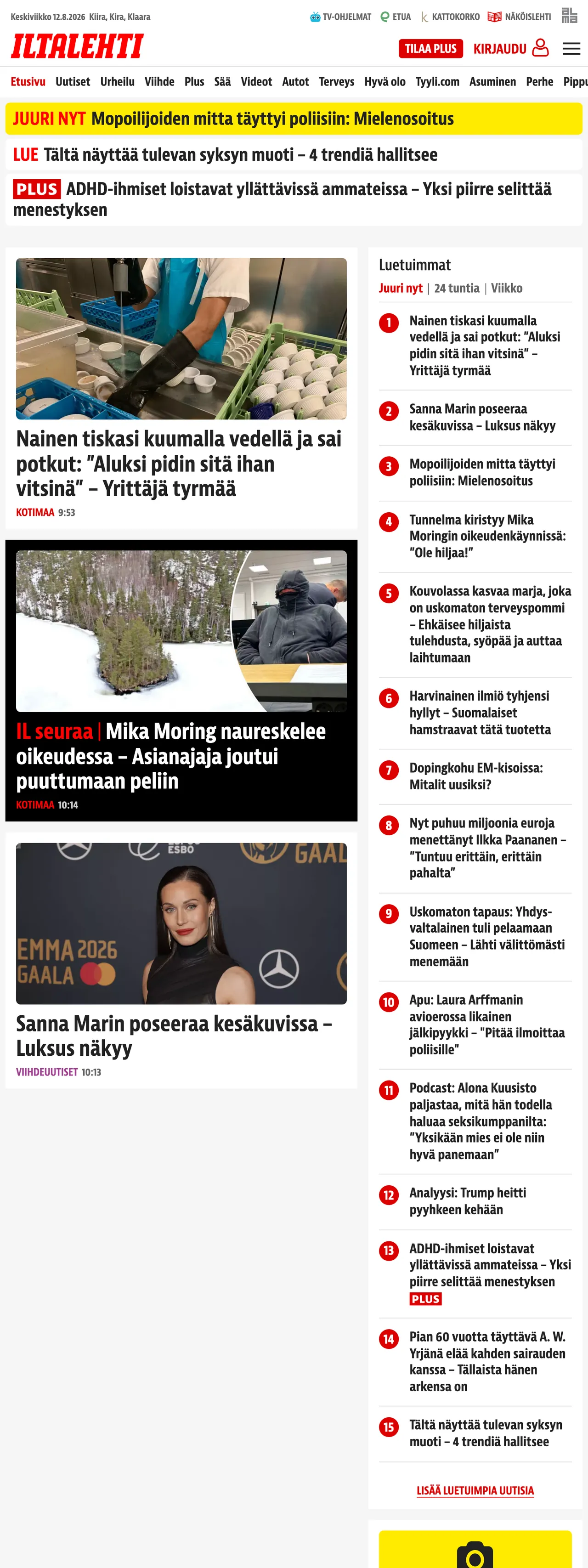 Screenshot of the Iltalehti front page