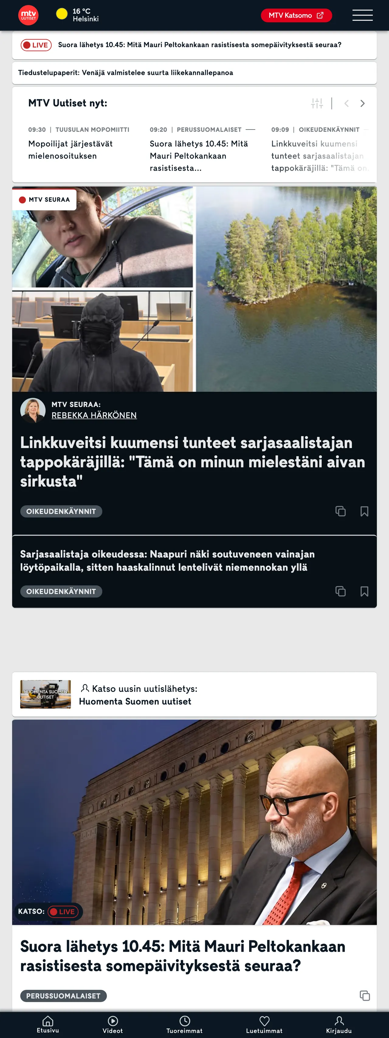 Screenshot of the MTV Uutiset front page