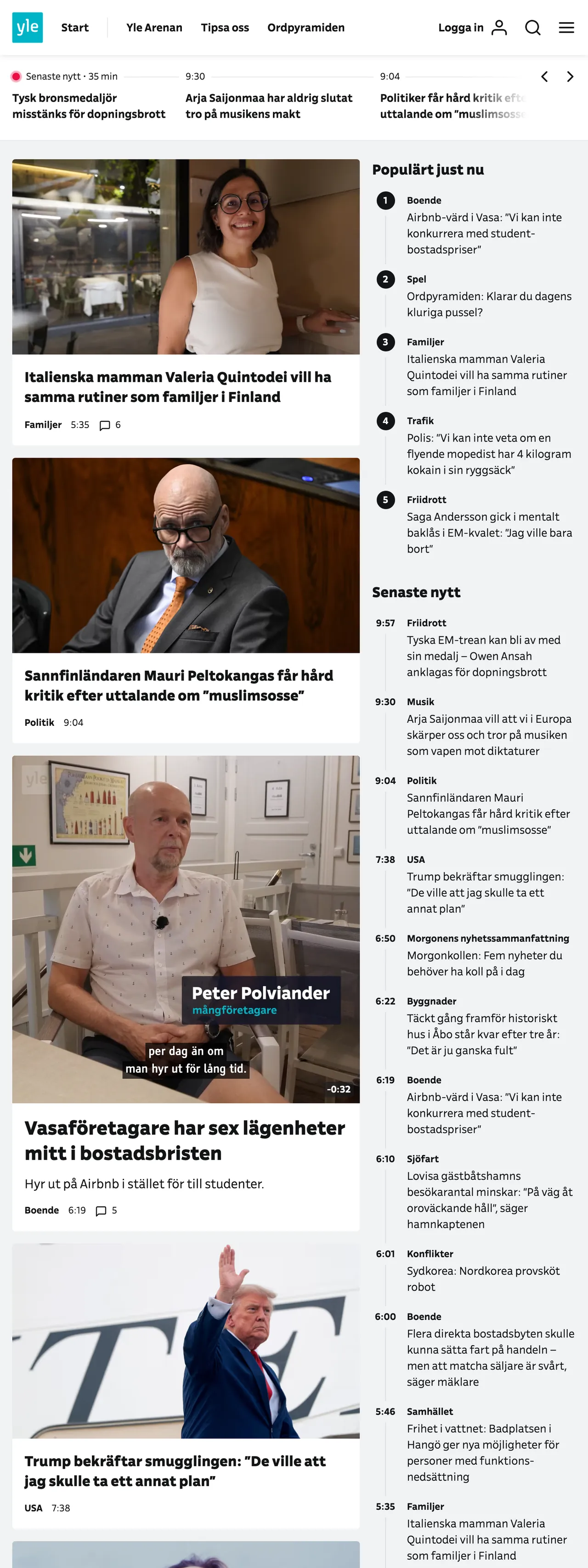 Screenshot of the Svenska Yle front page