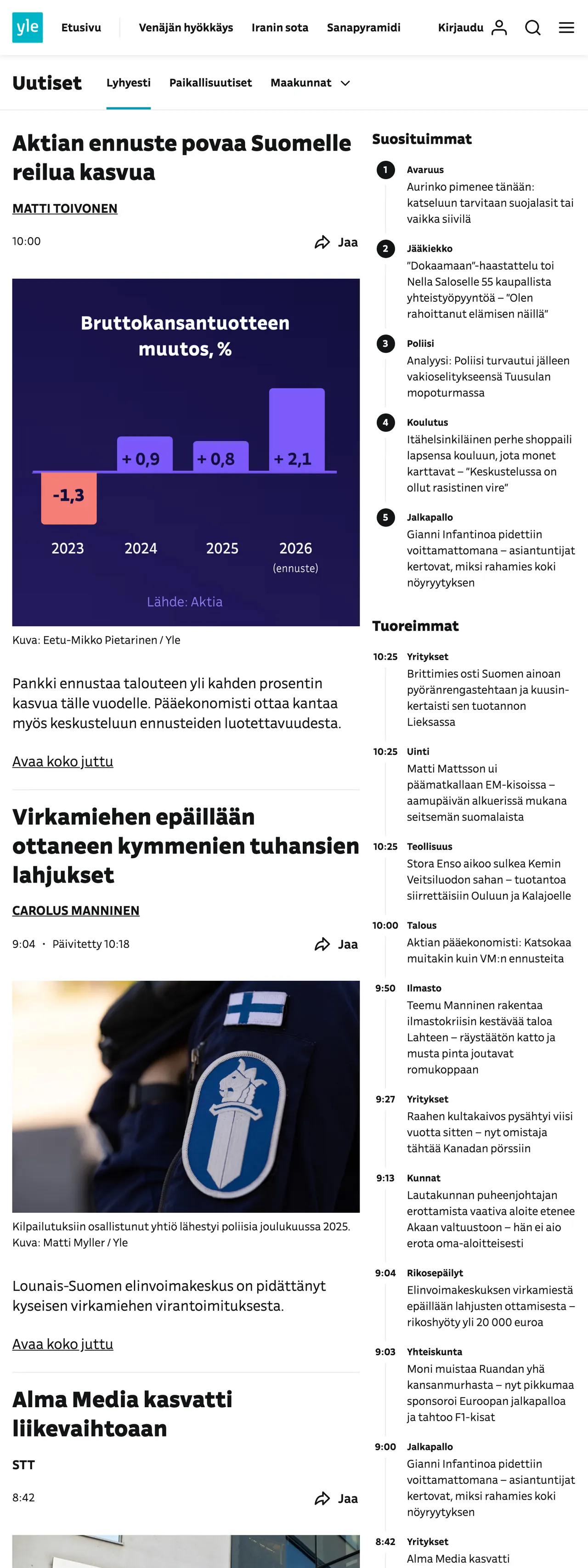 Screenshot of the Yle front page