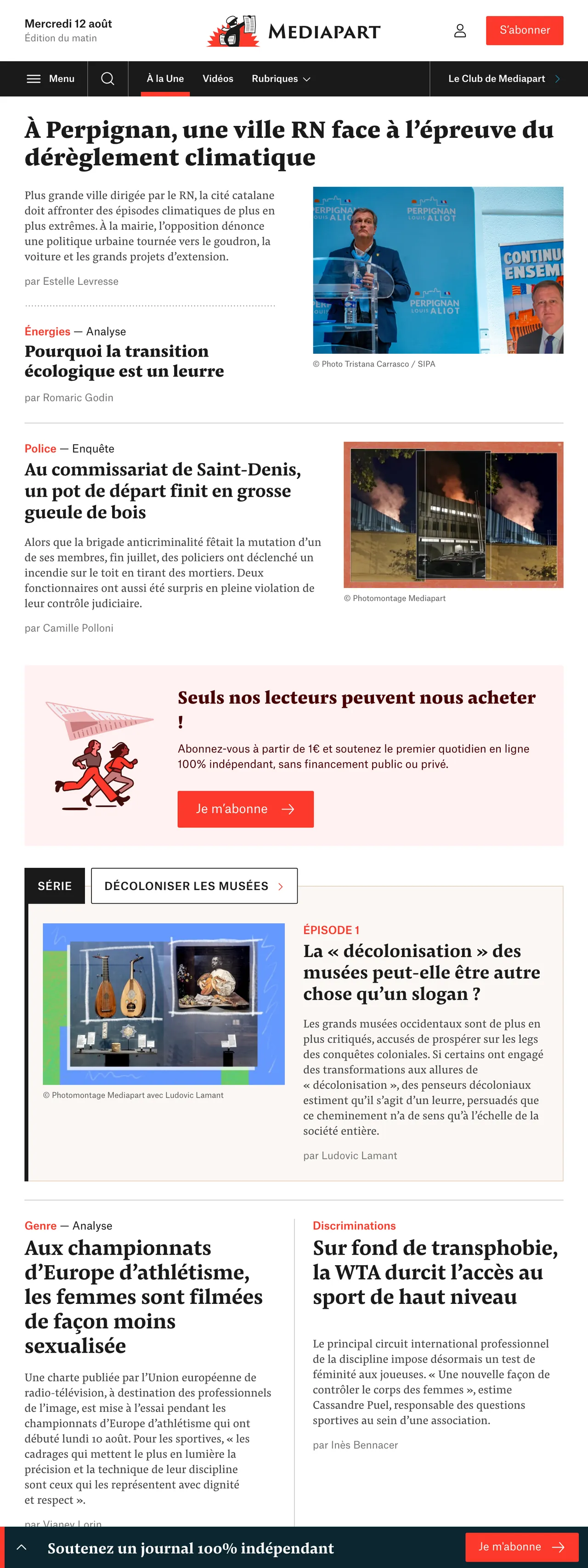 Screenshot of the Mediapart front page