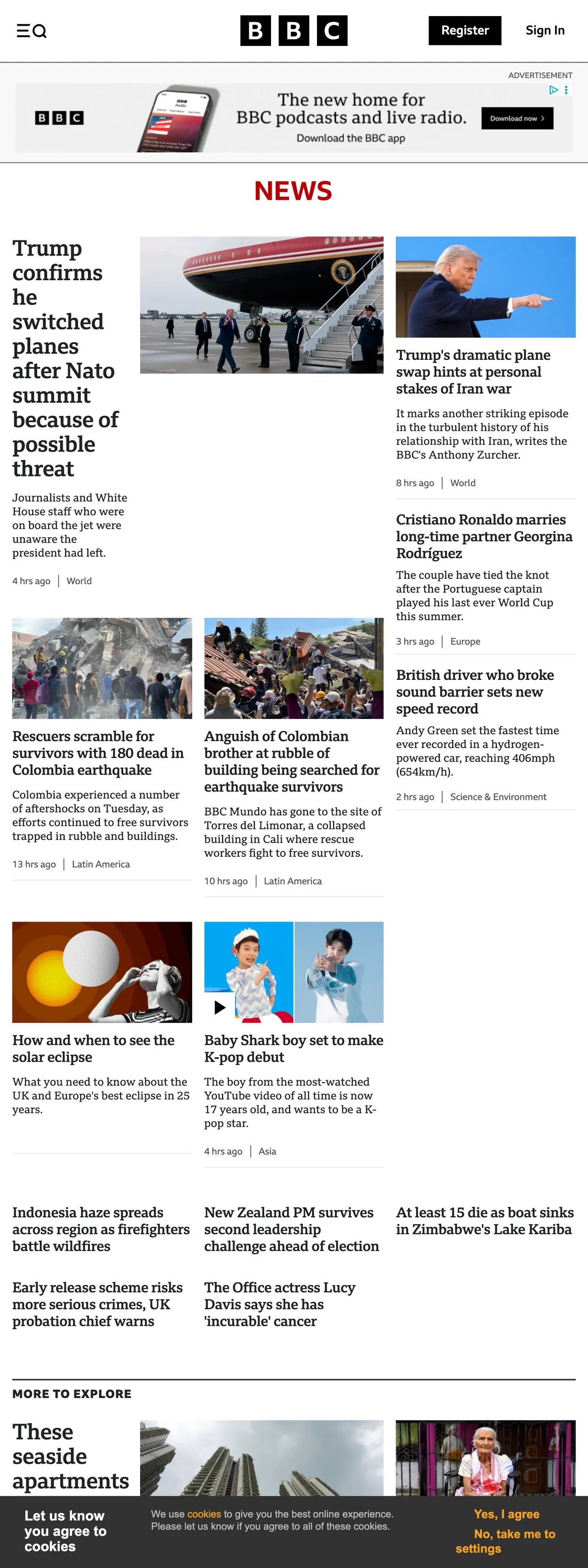 Screenshot of the BBC News front page