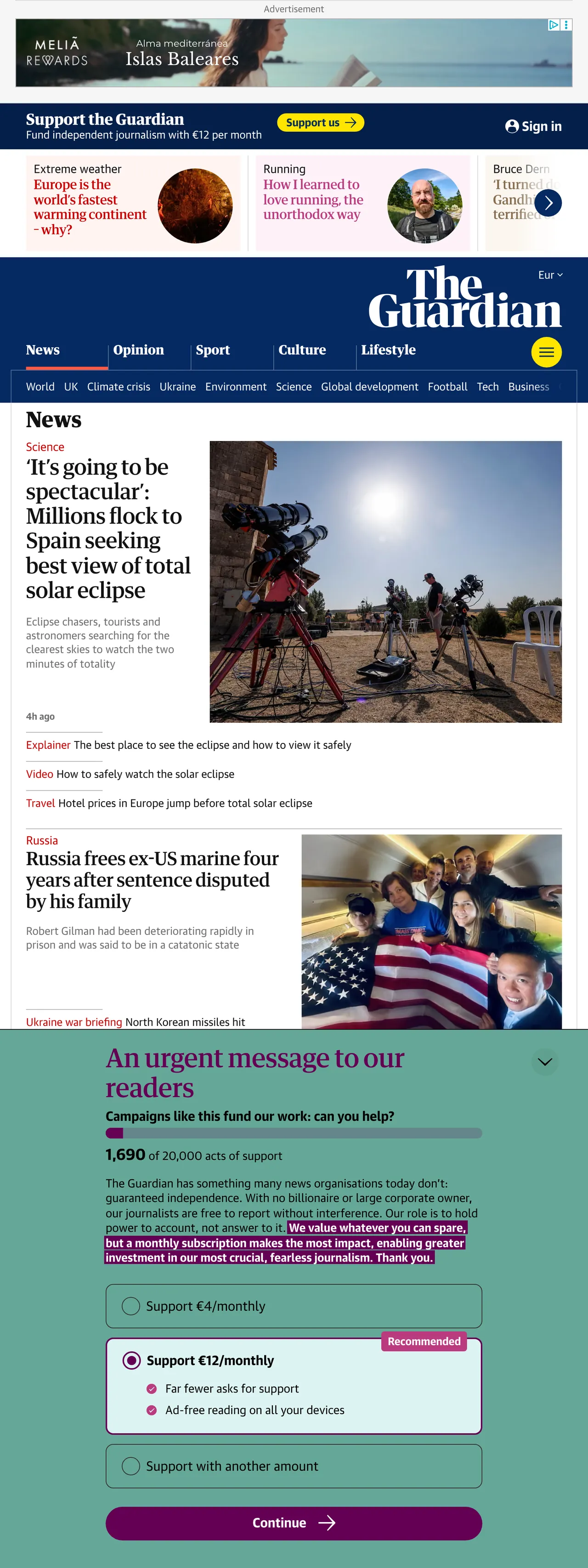 Screenshot of the The Guardian front page
