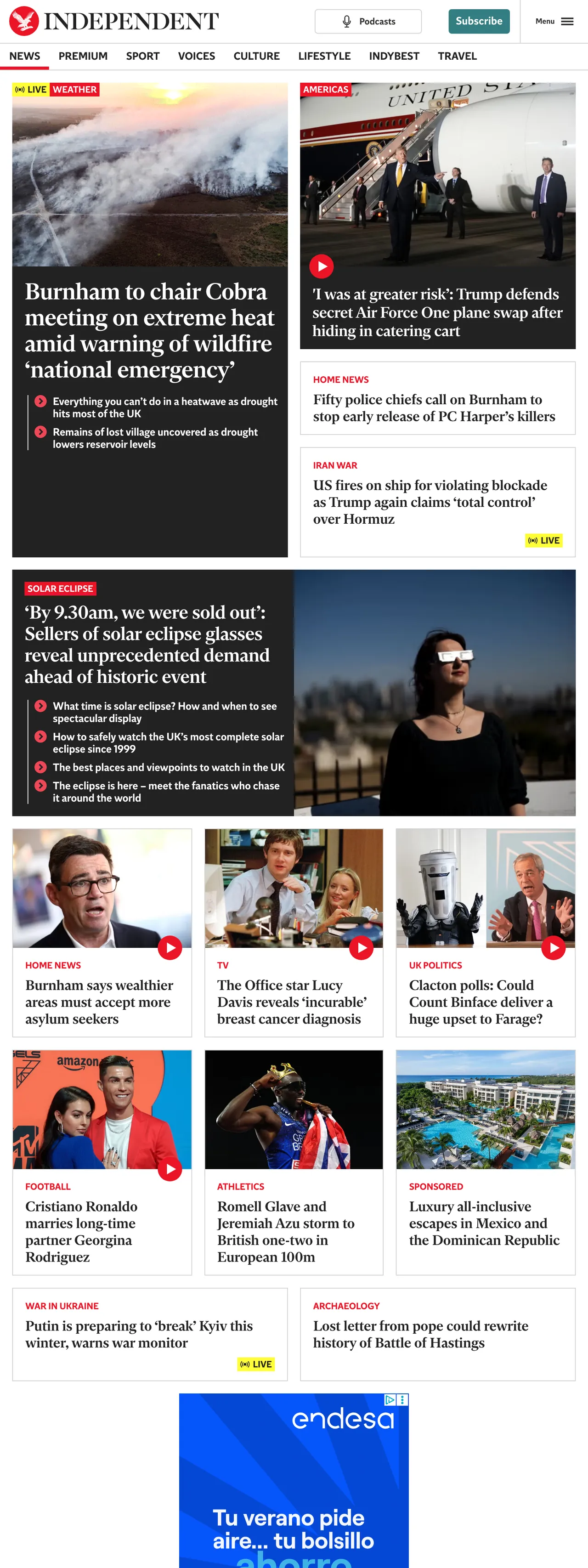 Screenshot of the The Independent front page