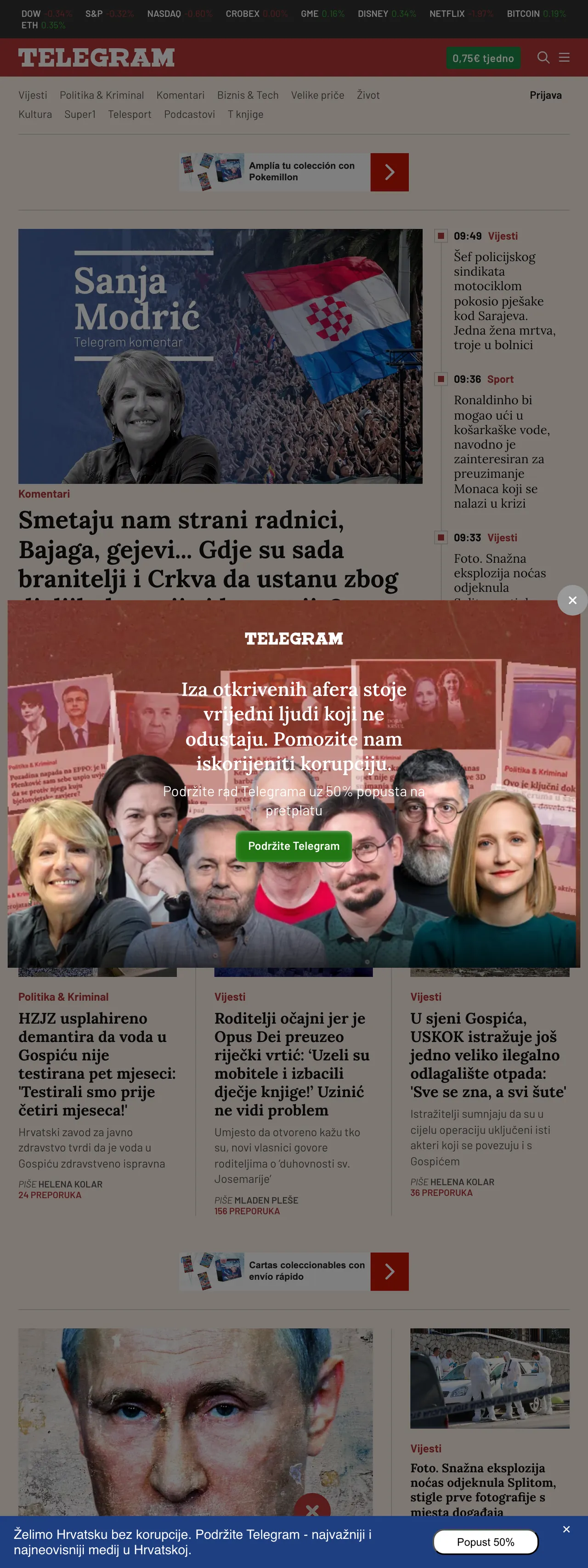 Screenshot of the Telegram.hr front page