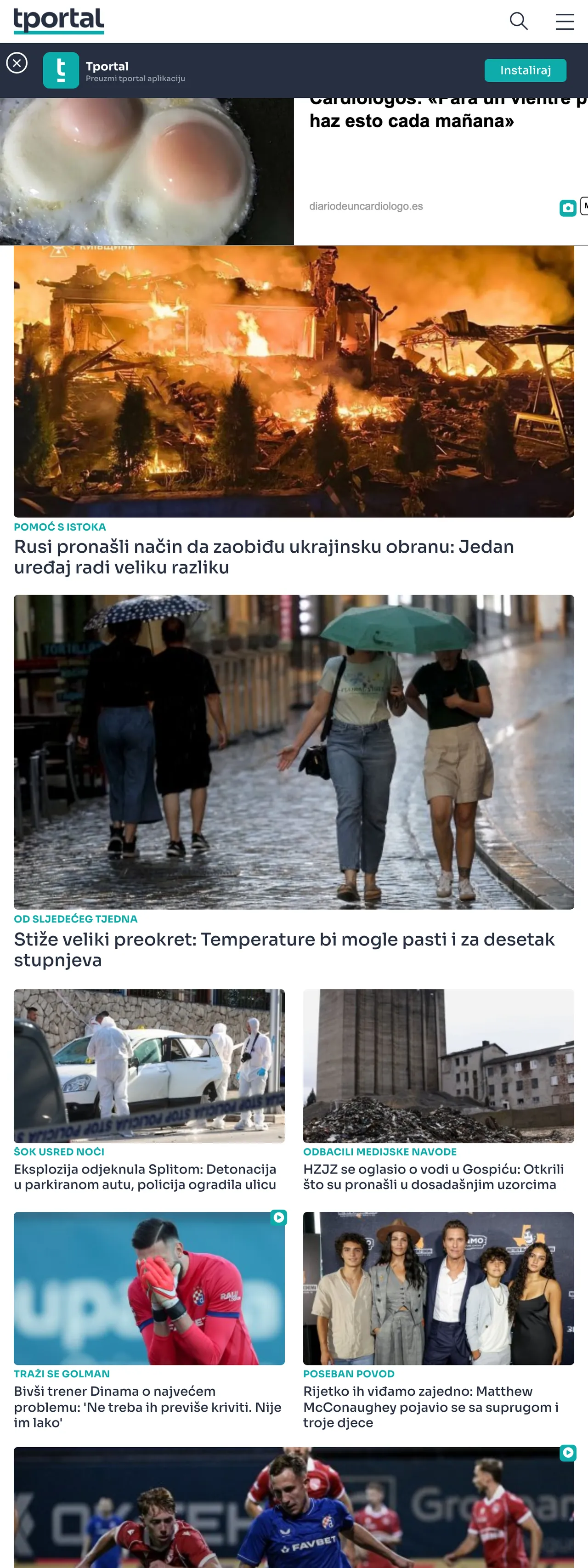 Screenshot of the tportal front page