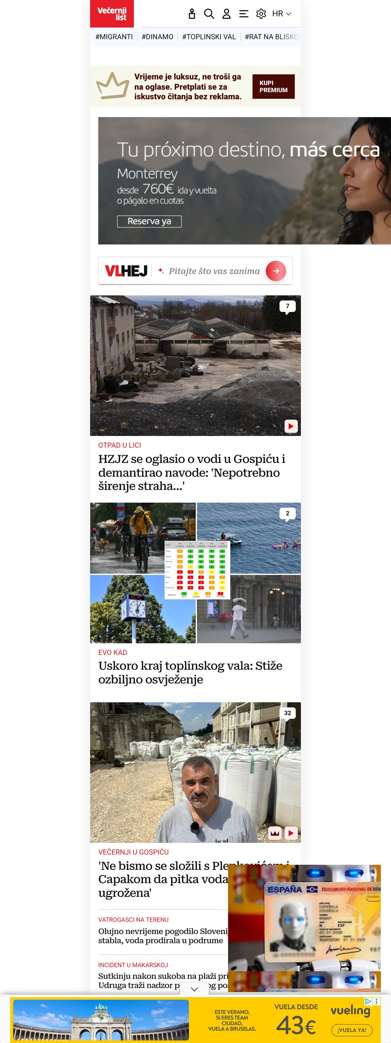 Screenshot of the Večernji list front page