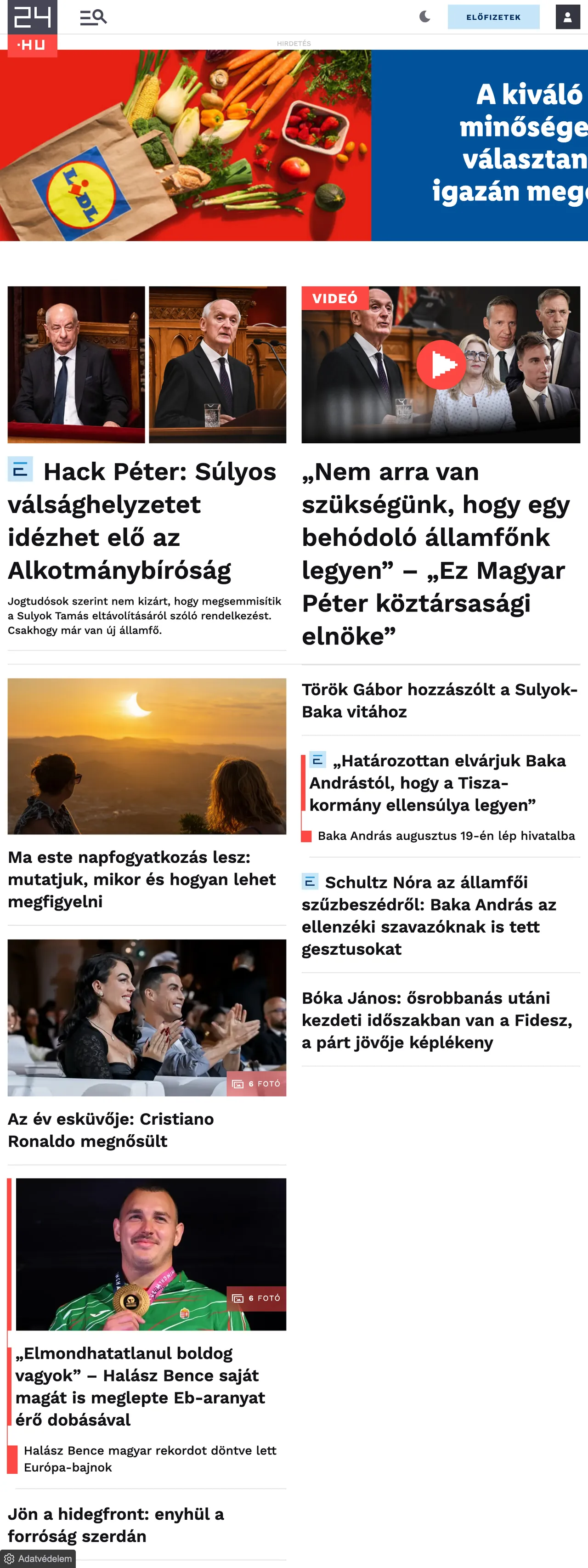 Screenshot of the 24.hu front page