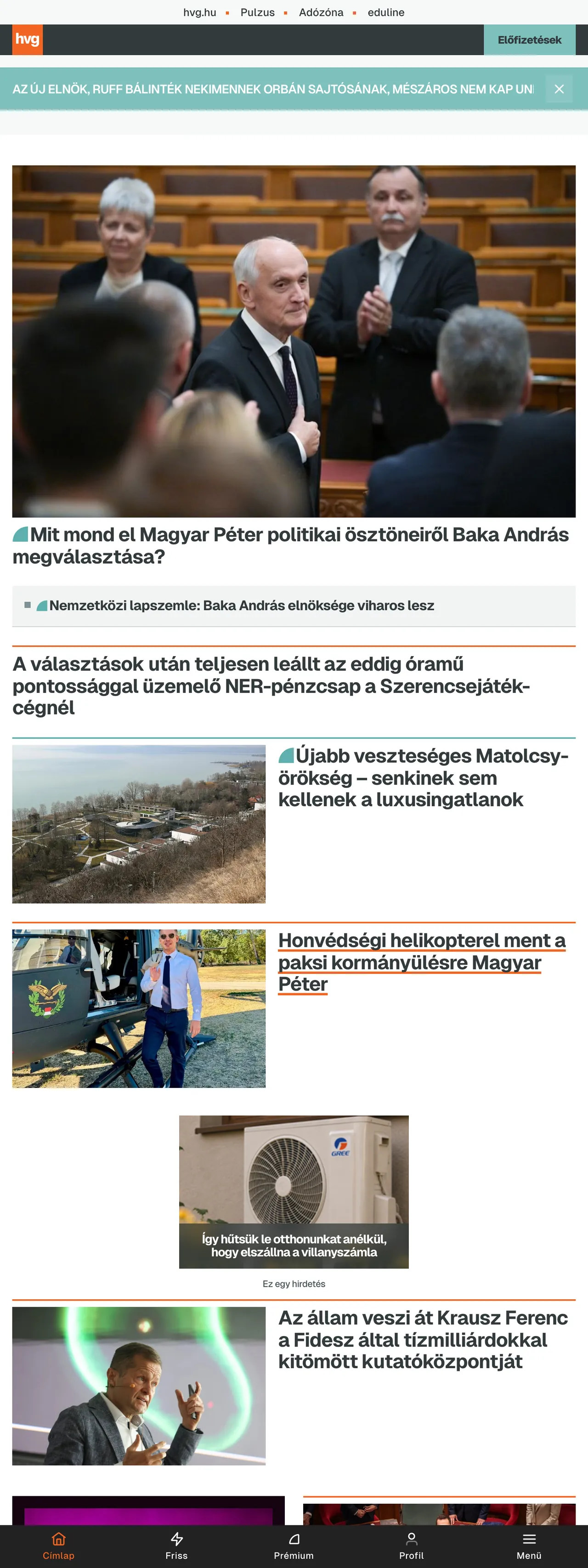 Screenshot of the HVG front page