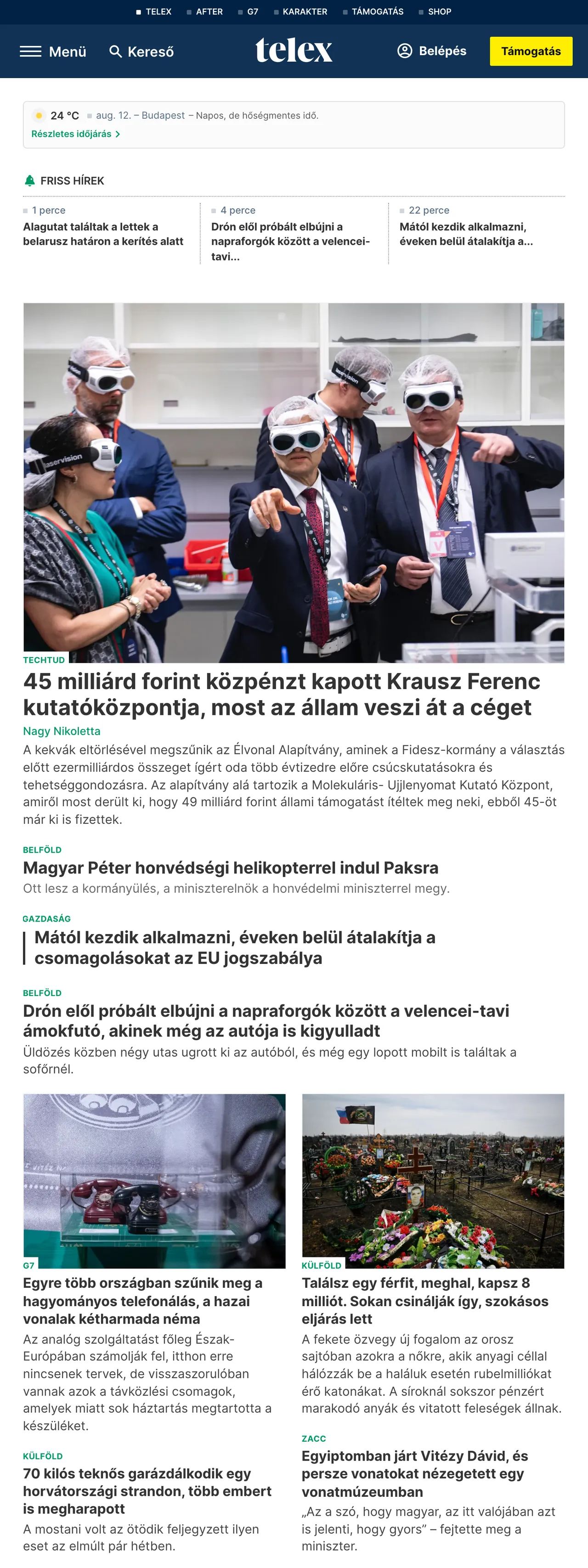 Screenshot of the Telex front page