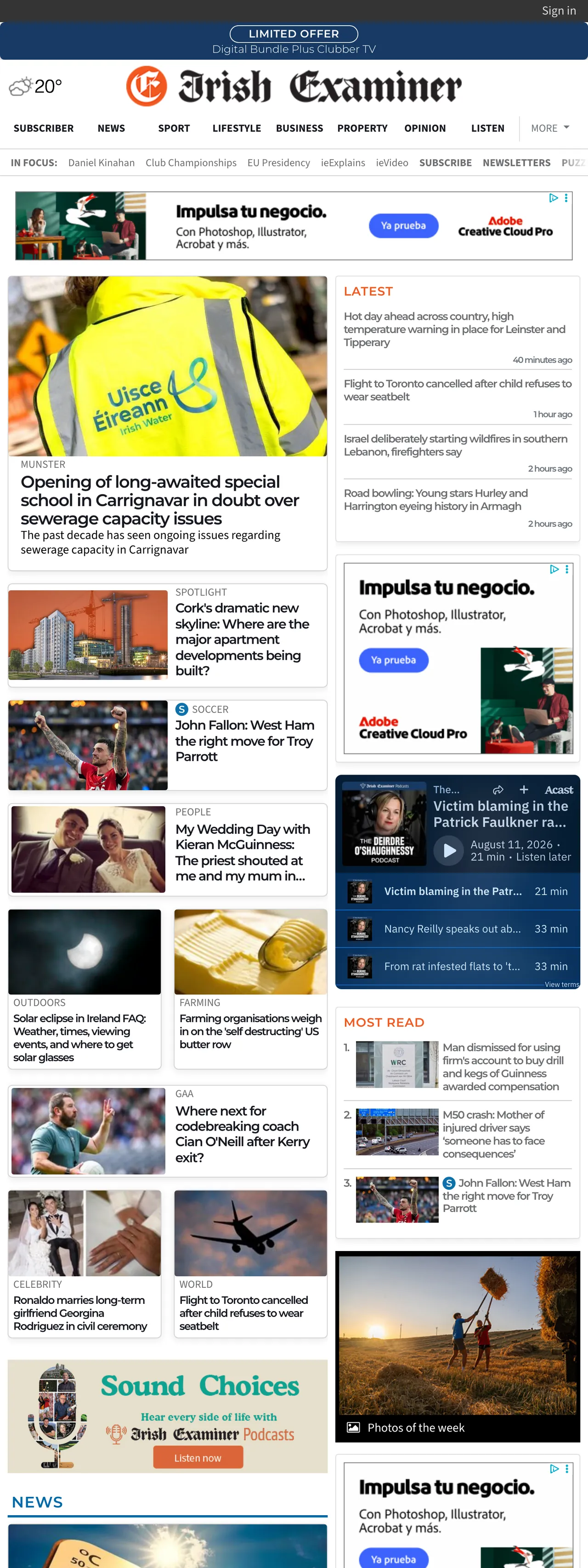 Screenshot of the Irish Examiner front page