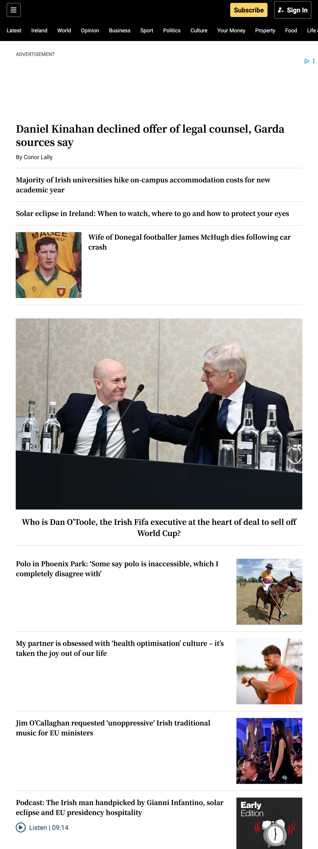 Screenshot of the The Irish Times front page