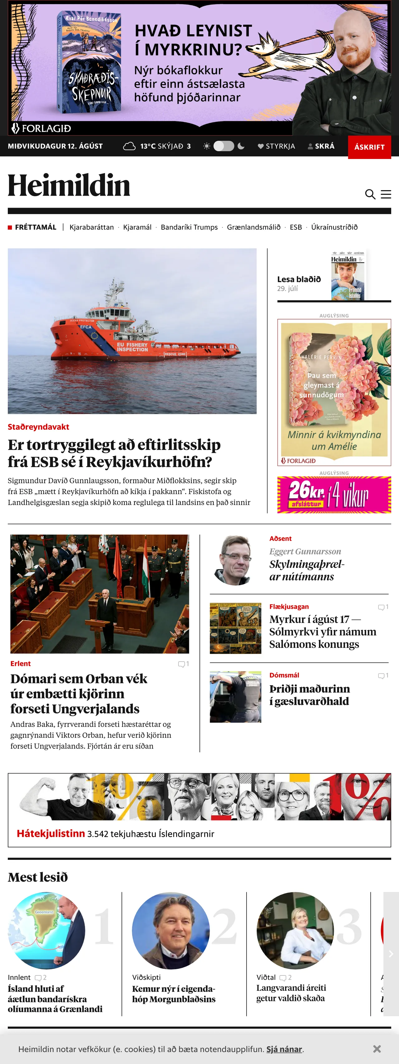 Screenshot of the Heimildin front page