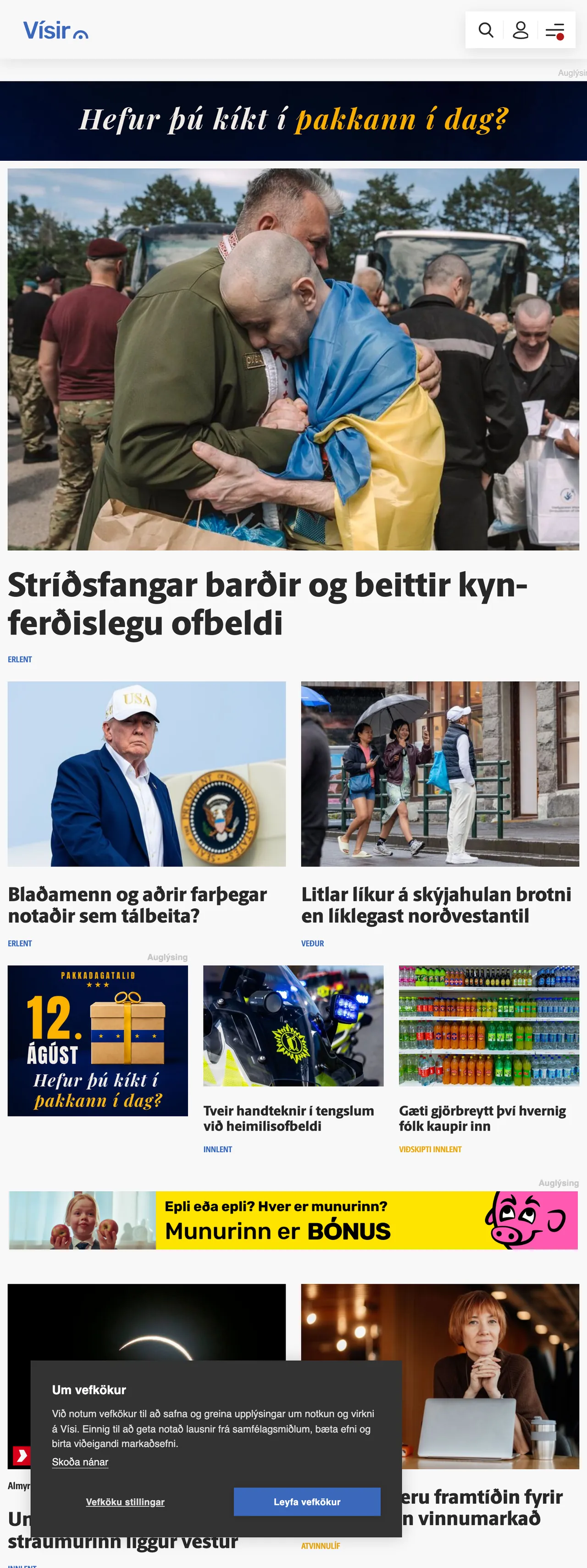 Screenshot of the Vísir front page