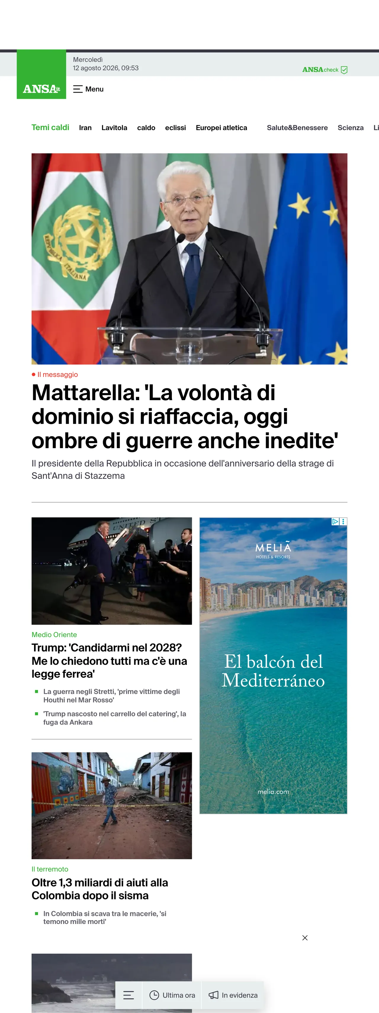 Screenshot of the ANSA front page