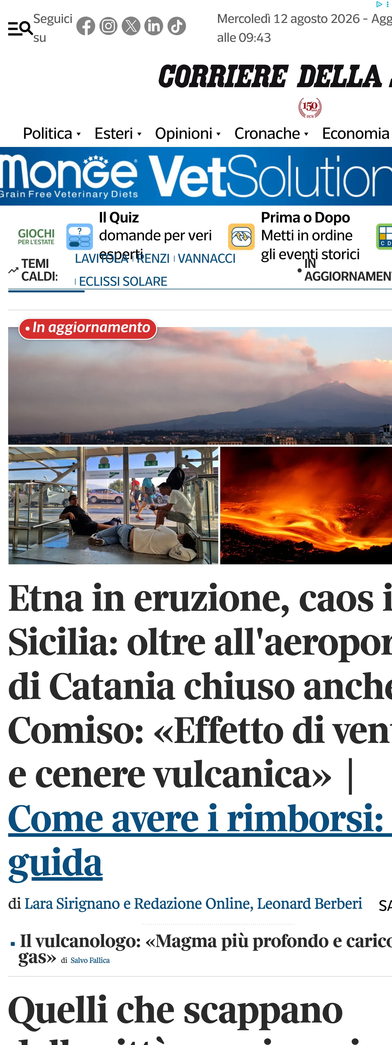 Screenshot of the Corriere della Sera front page