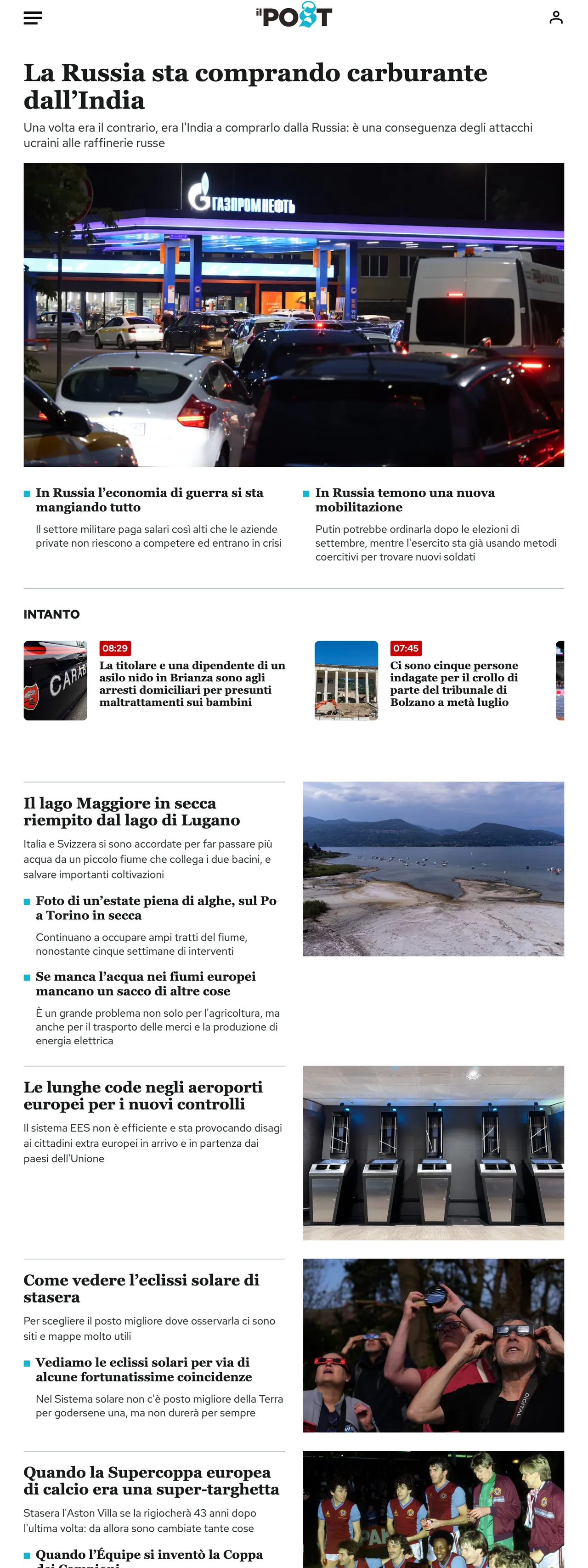 Screenshot of the Il Post front page