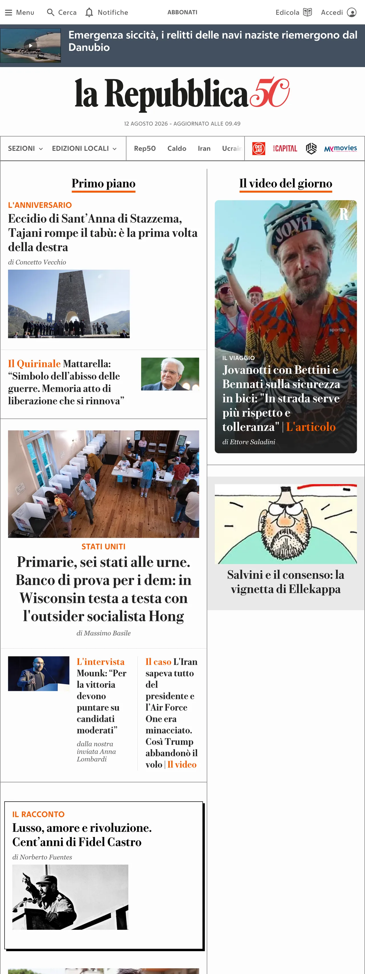 Screenshot of the la Repubblica front page