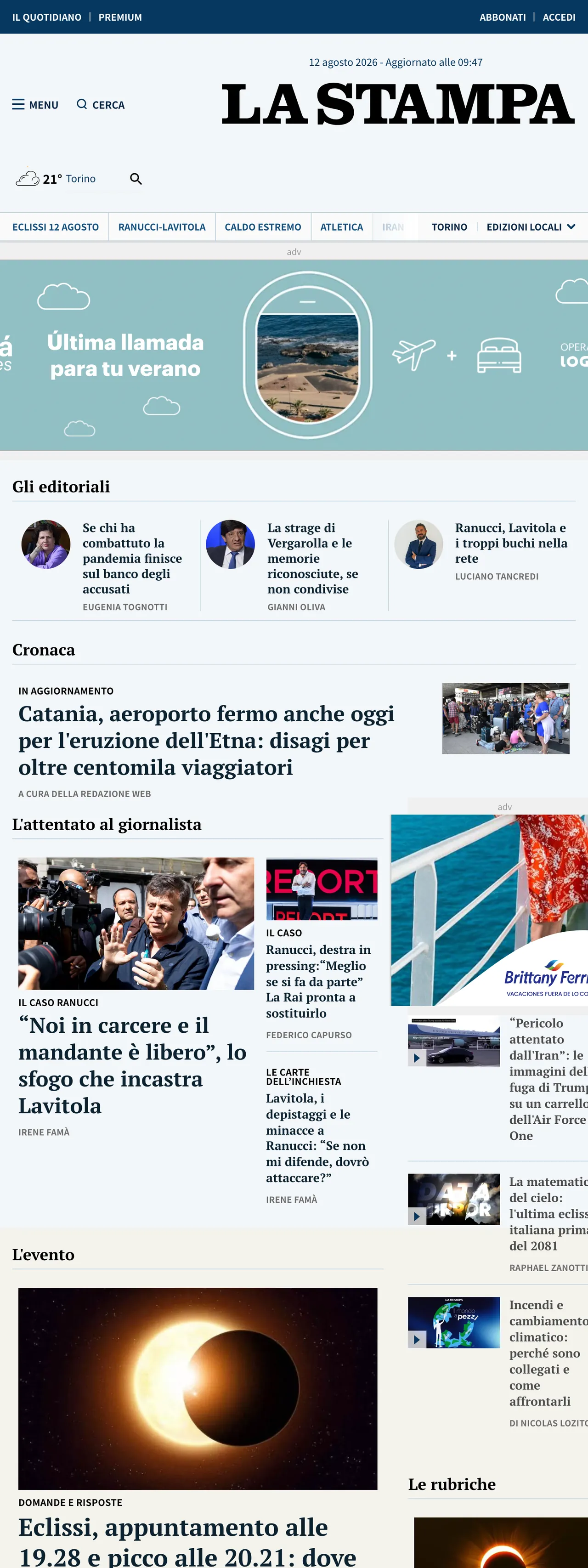 Screenshot of the La Stampa front page