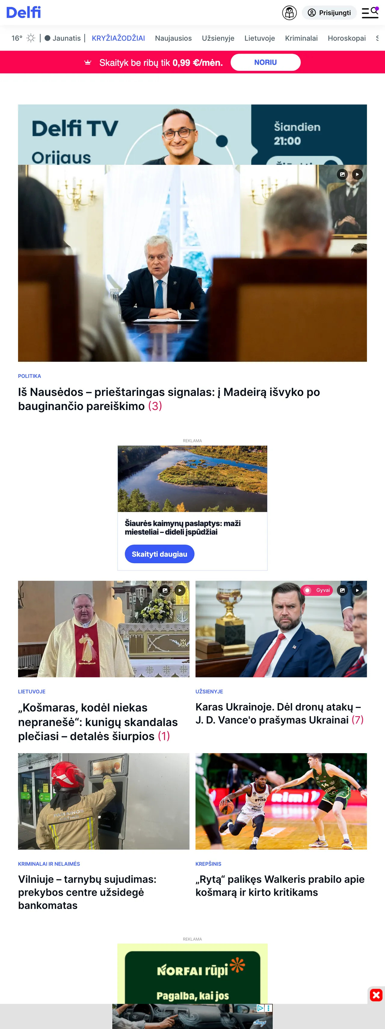 Screenshot of the Delfi front page
