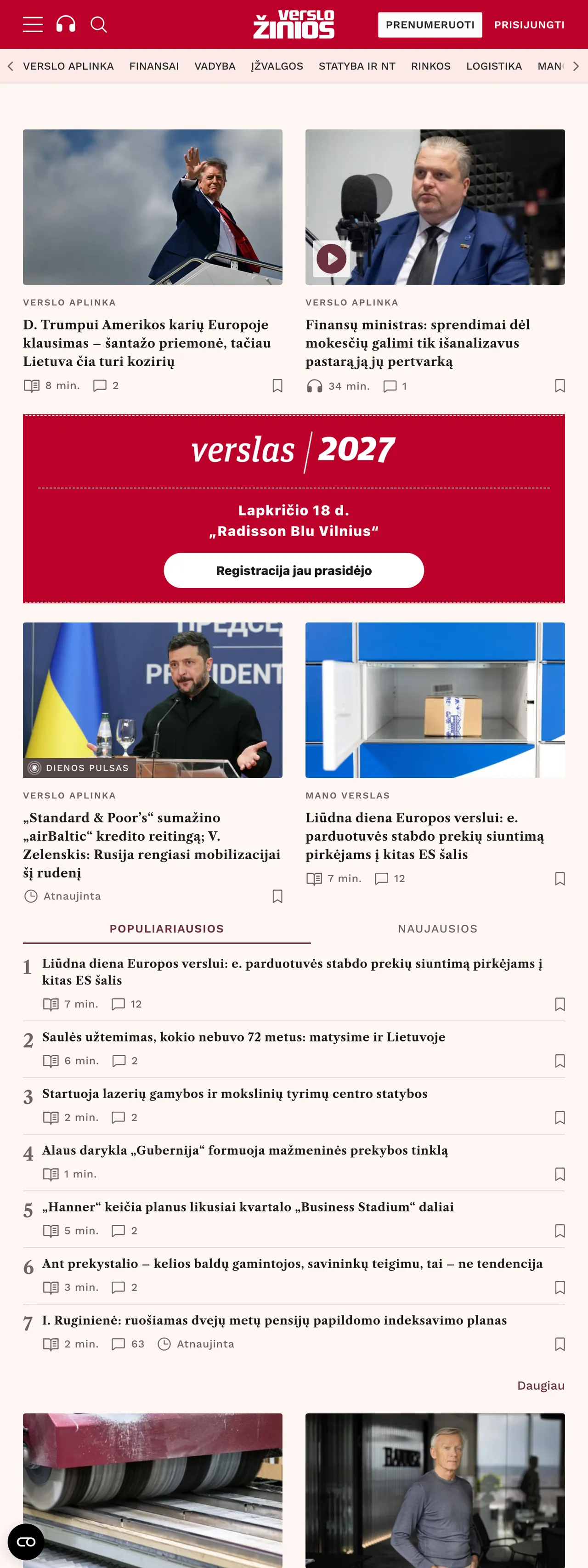 Screenshot of the Verslo žinios front page
