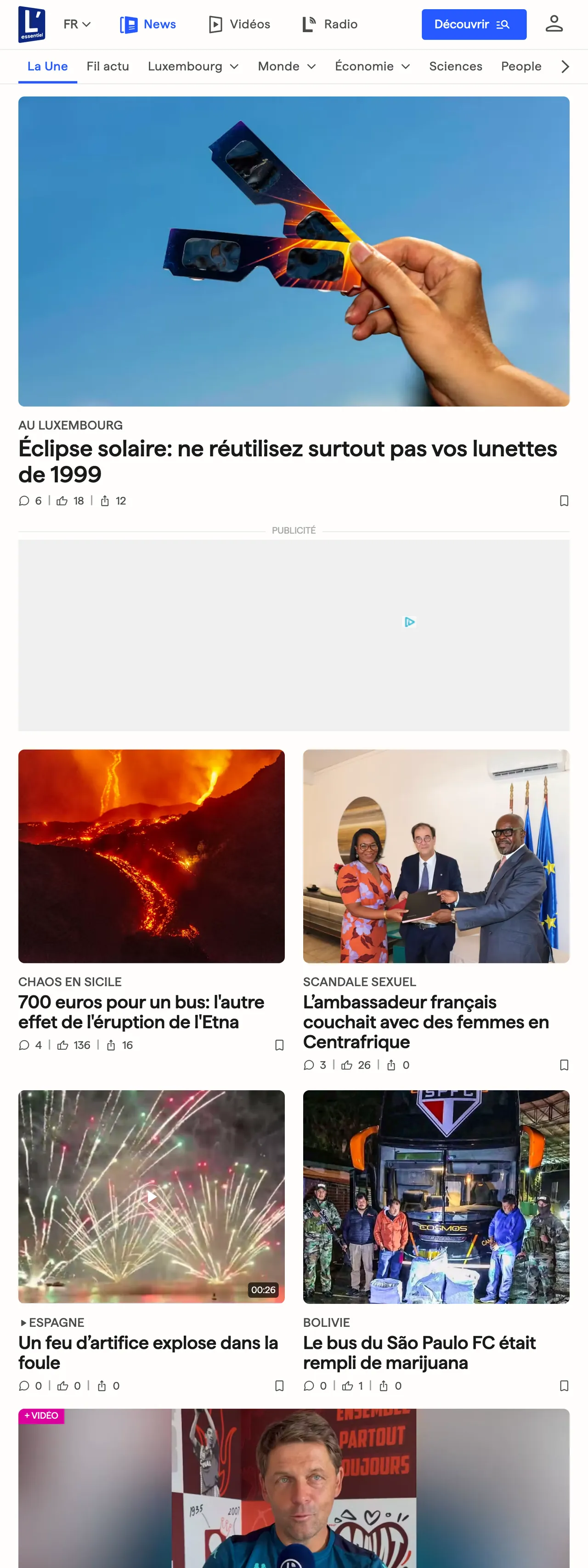 Screenshot of the L'essentiel front page