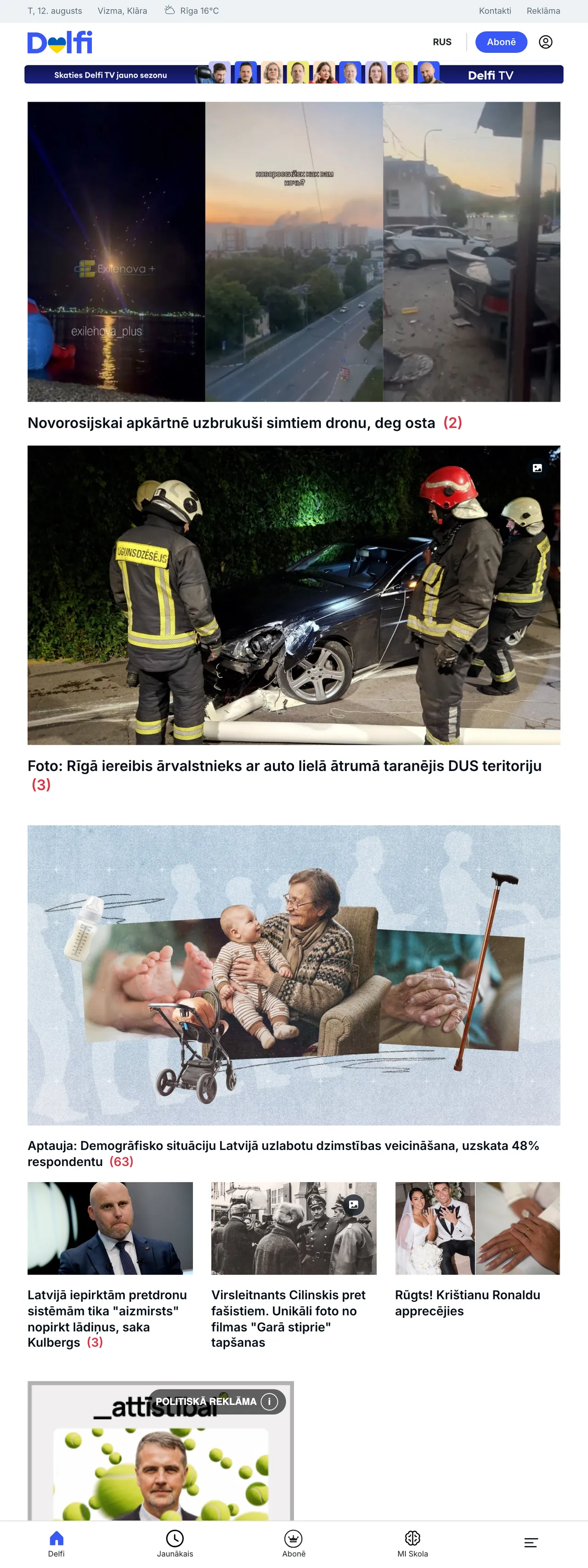 Screenshot of the Delfi front page