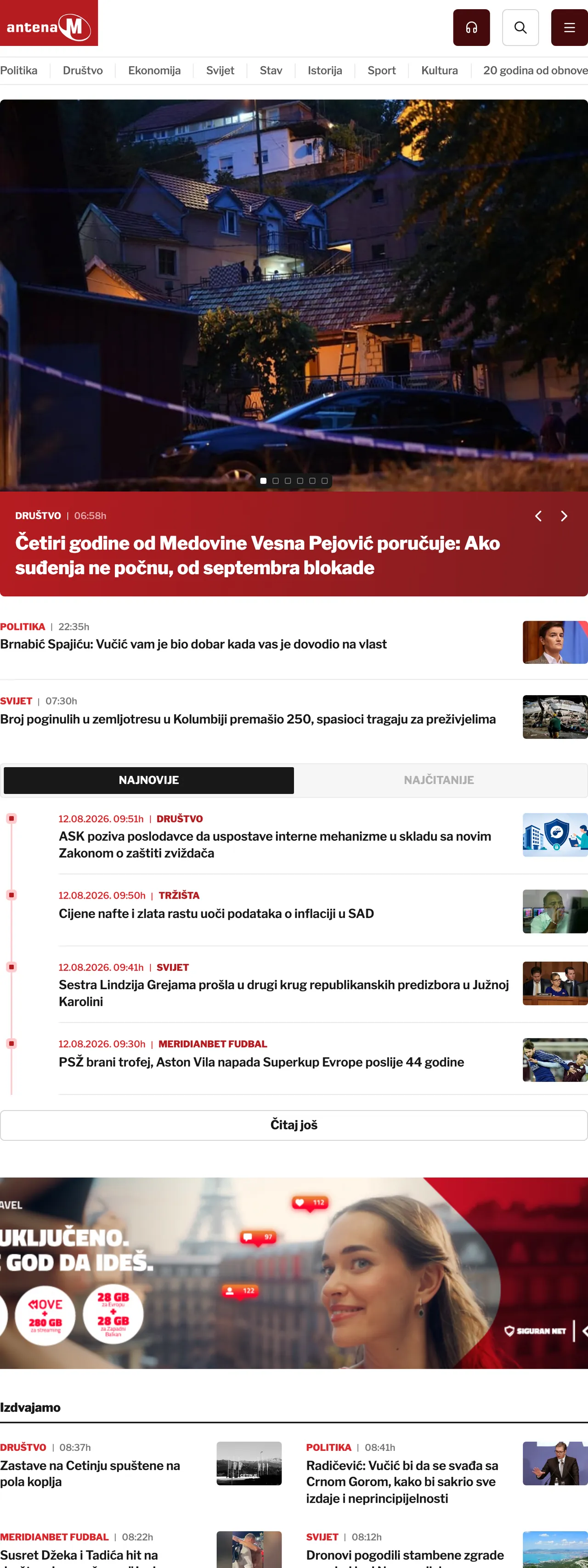 Screenshot of the Antena M front page